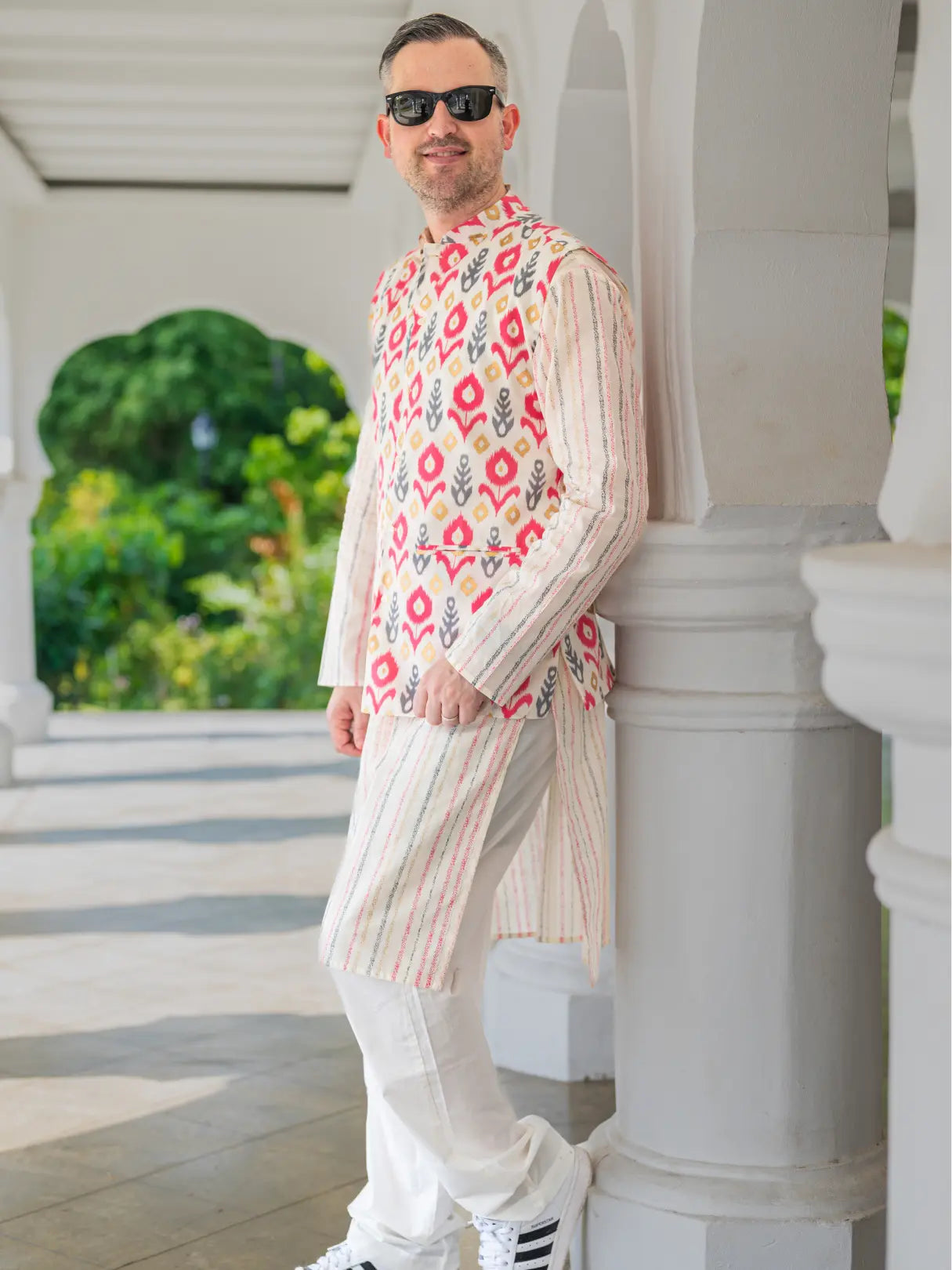 Gul Pink Men's Kurta Pajama Jacket Set in Cotton Nimbu