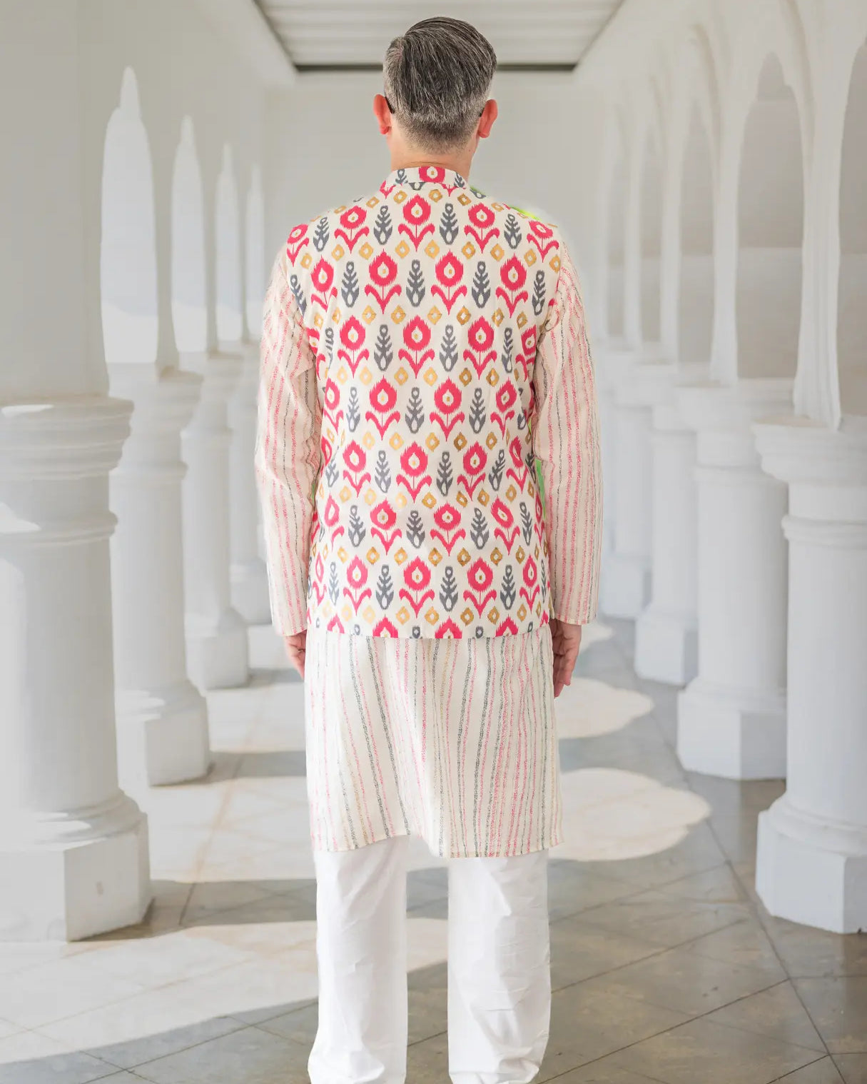 Gul Pink Men's Kurta Pajama Jacket Set in Cotton Nimbu