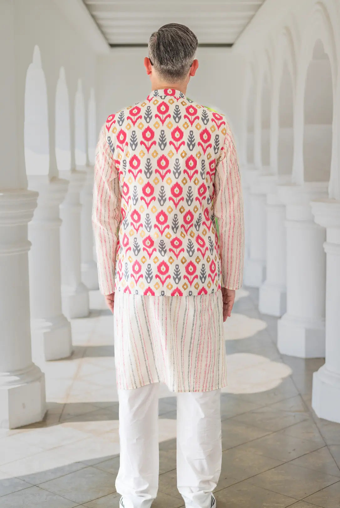 Gul Pink Men's Kurta Pajama Jacket Set in Cotton Nimbu