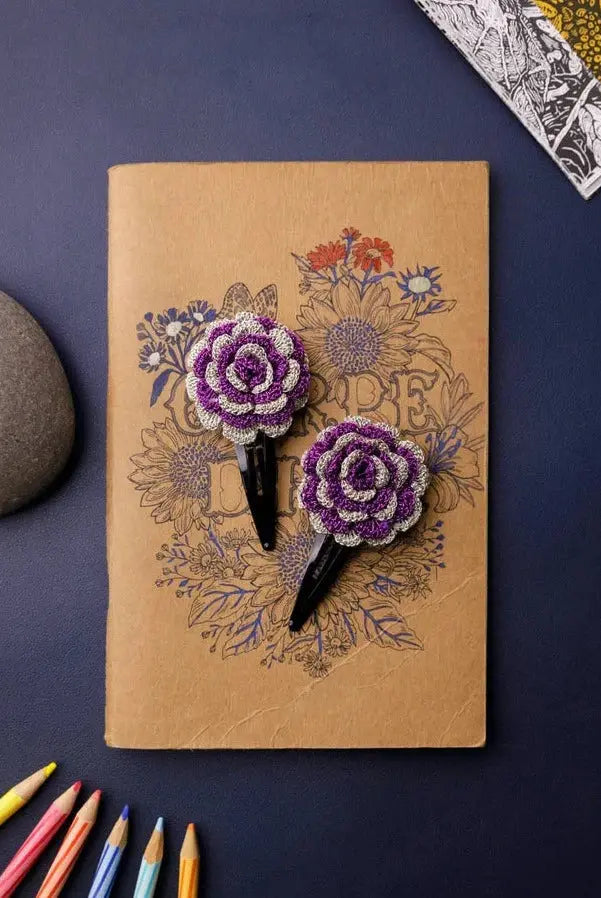 Handmade Crochet Flower Hair Clips Set Shimmer Violet Rose Nimbu Kids