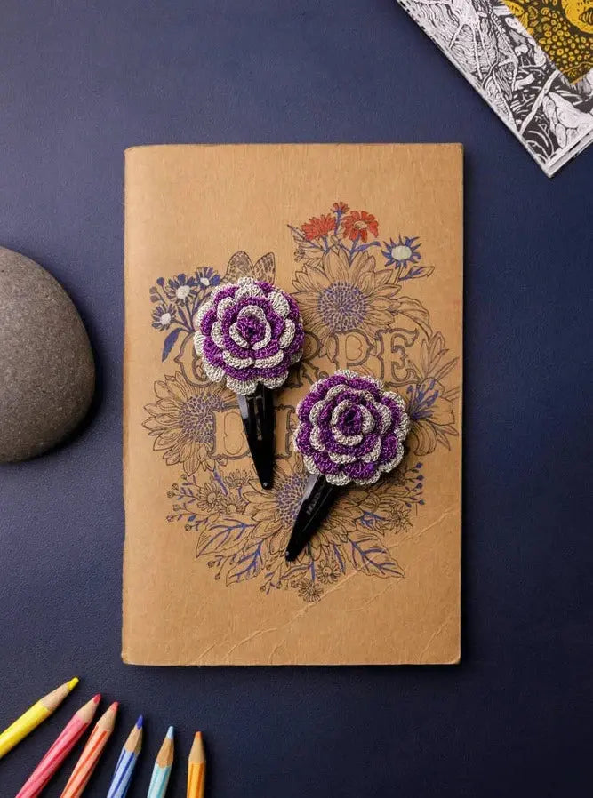Handmade Crochet Flower Hair Clips Set Shimmer Violet Rose Nimbu Kids