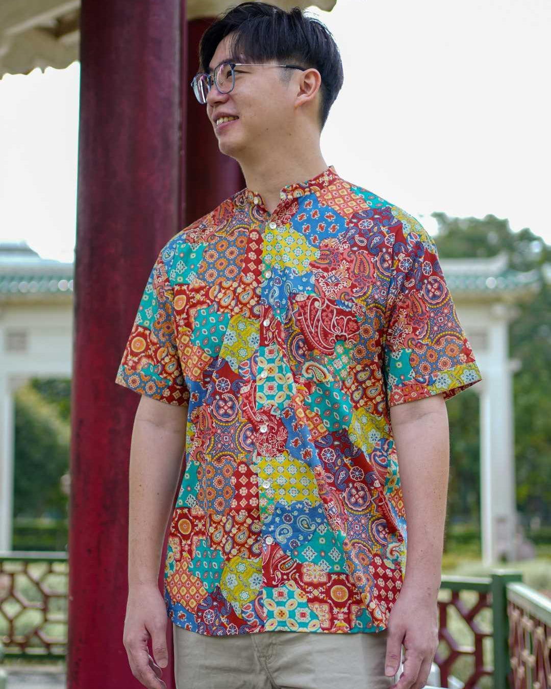 Multicolor Men Mandarin Shirt in Cotton