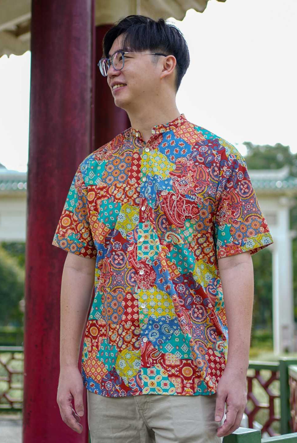 Multicolor Men Mandarin Shirt in Cotton