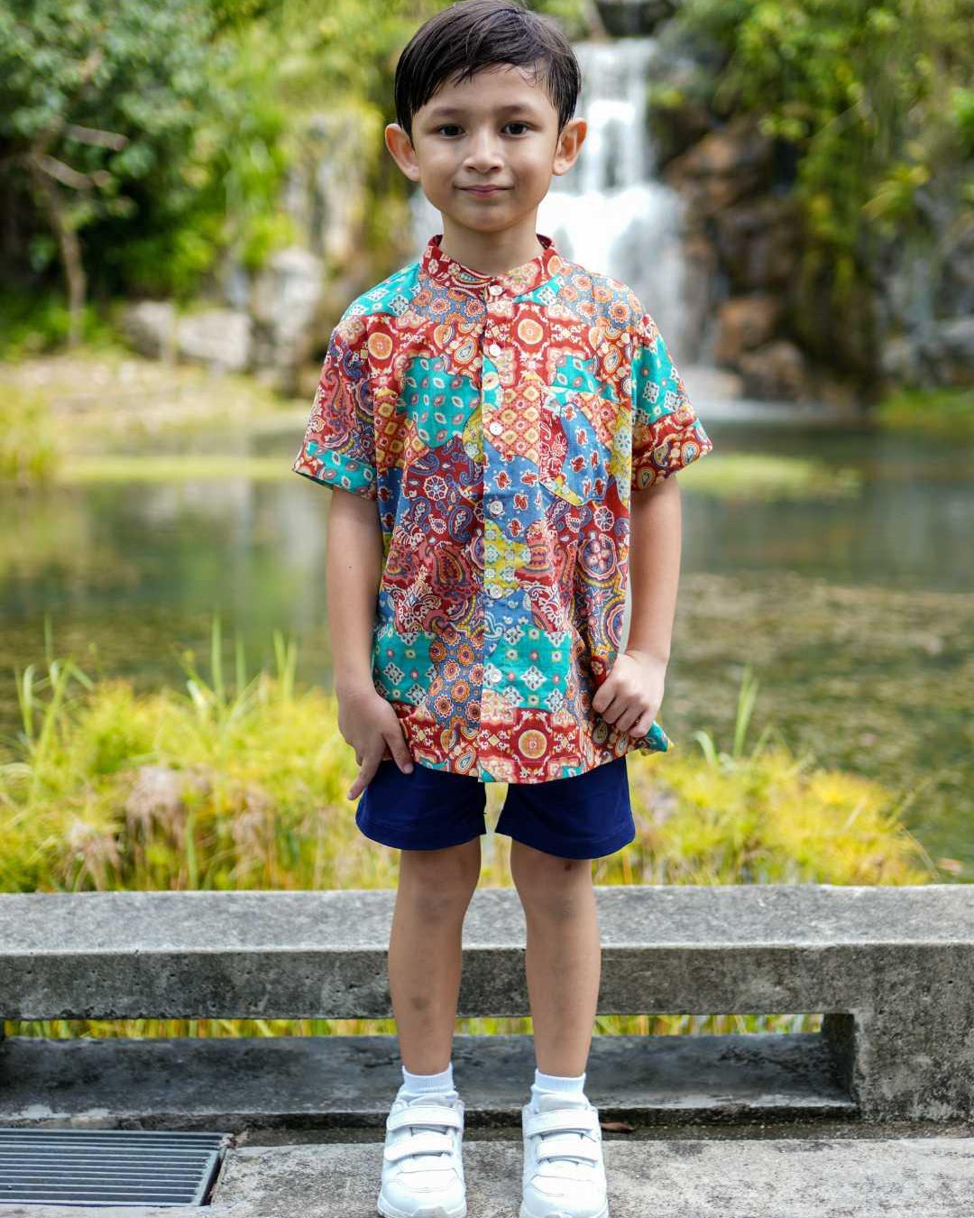 Multicolor Kids Boys Mandarin Shirt in Cotton