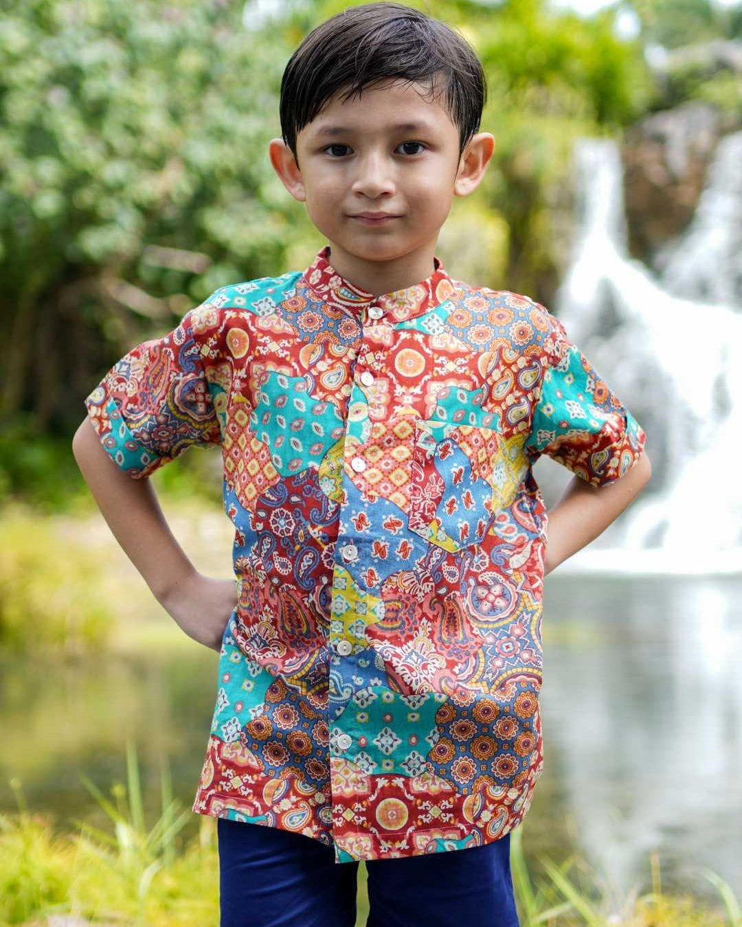 Multicolor Kids Boys Mandarin Shirt in Cotton