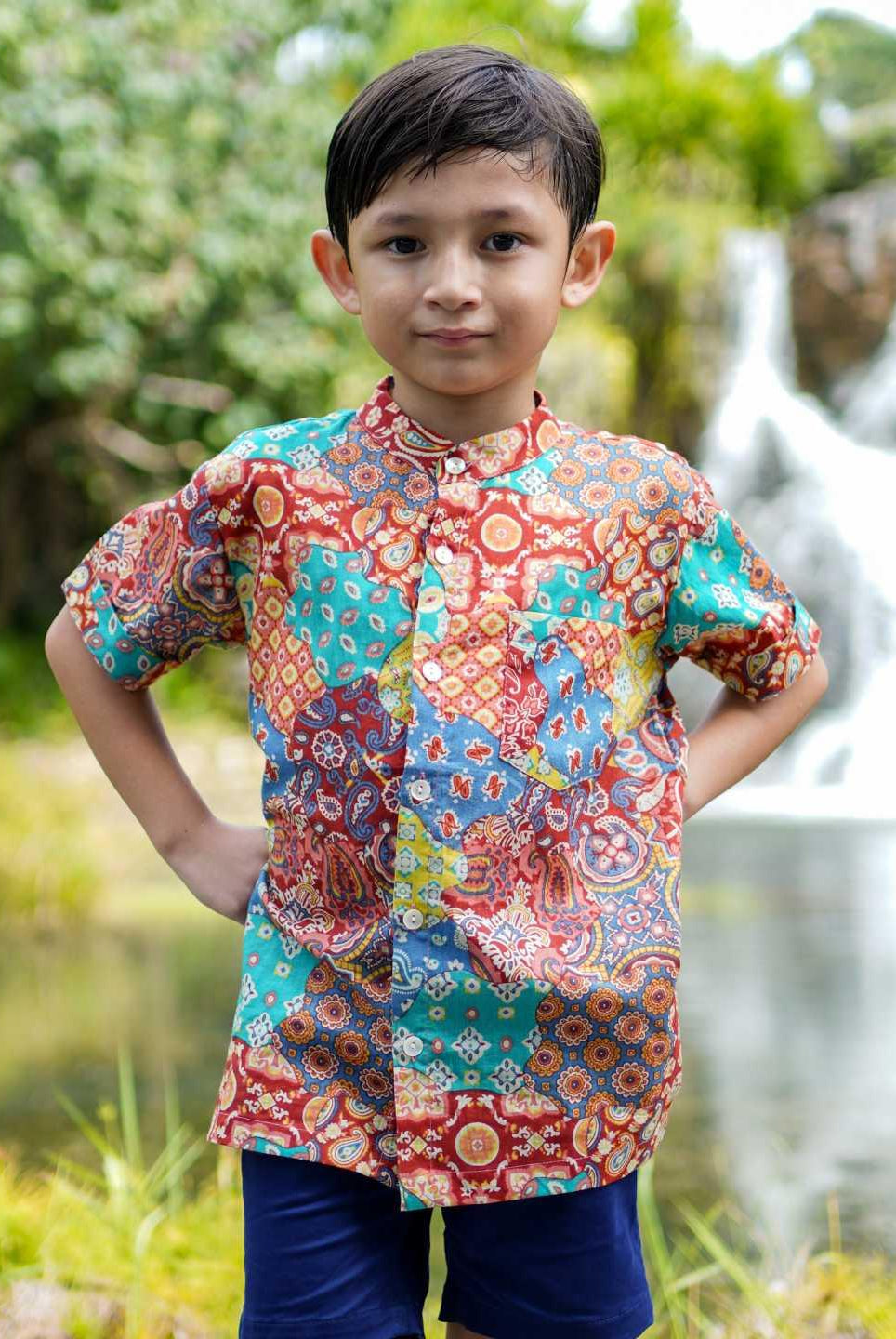 Multicolor Kids Boys Mandarin Shirt in Cotton