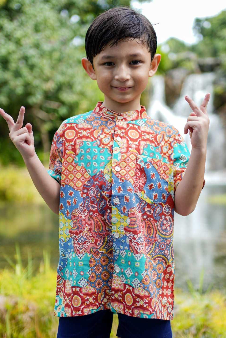 Multicolor Kids Boys Mandarin Shirt in Cotton