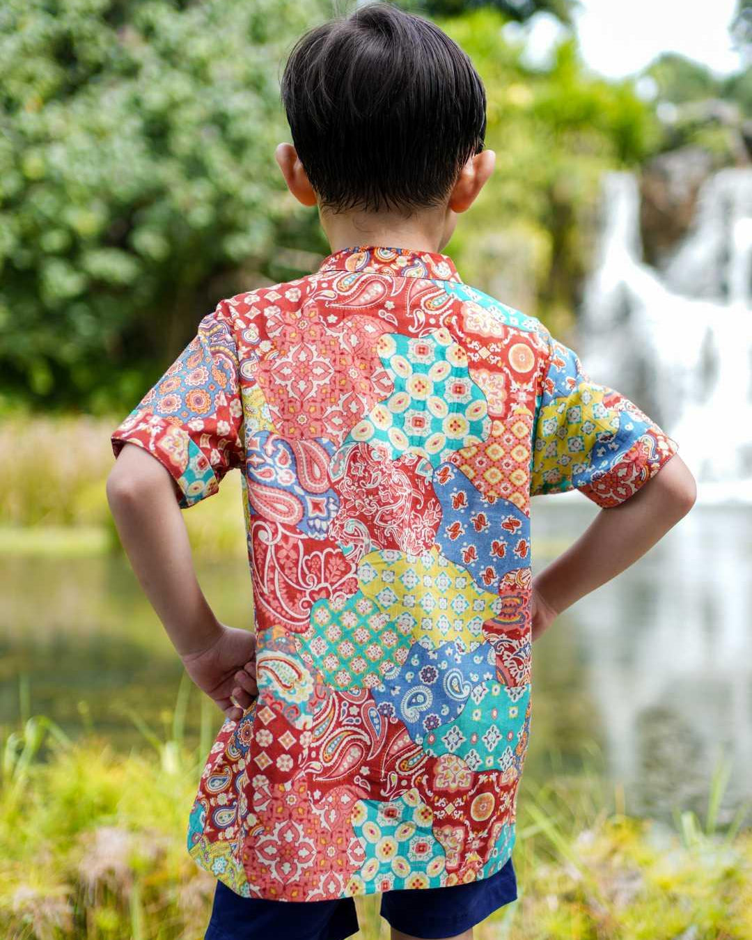 Multicolor Kids Boys Mandarin Shirt in Cotton