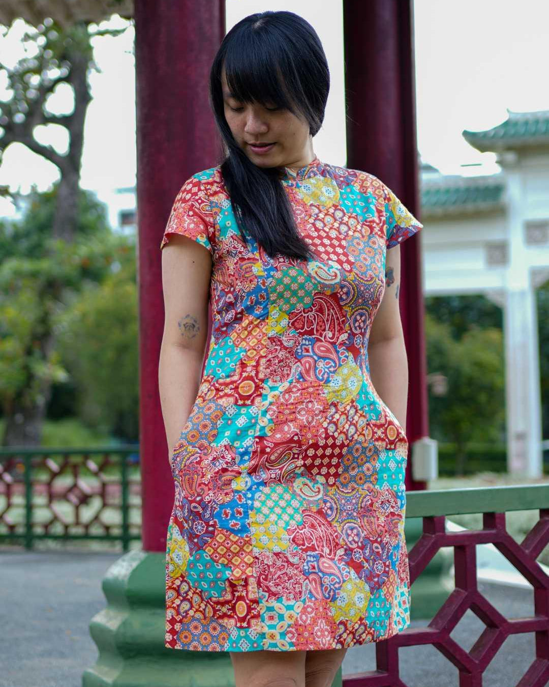 Multicolor Women's Cheongsam Dress in Cotton