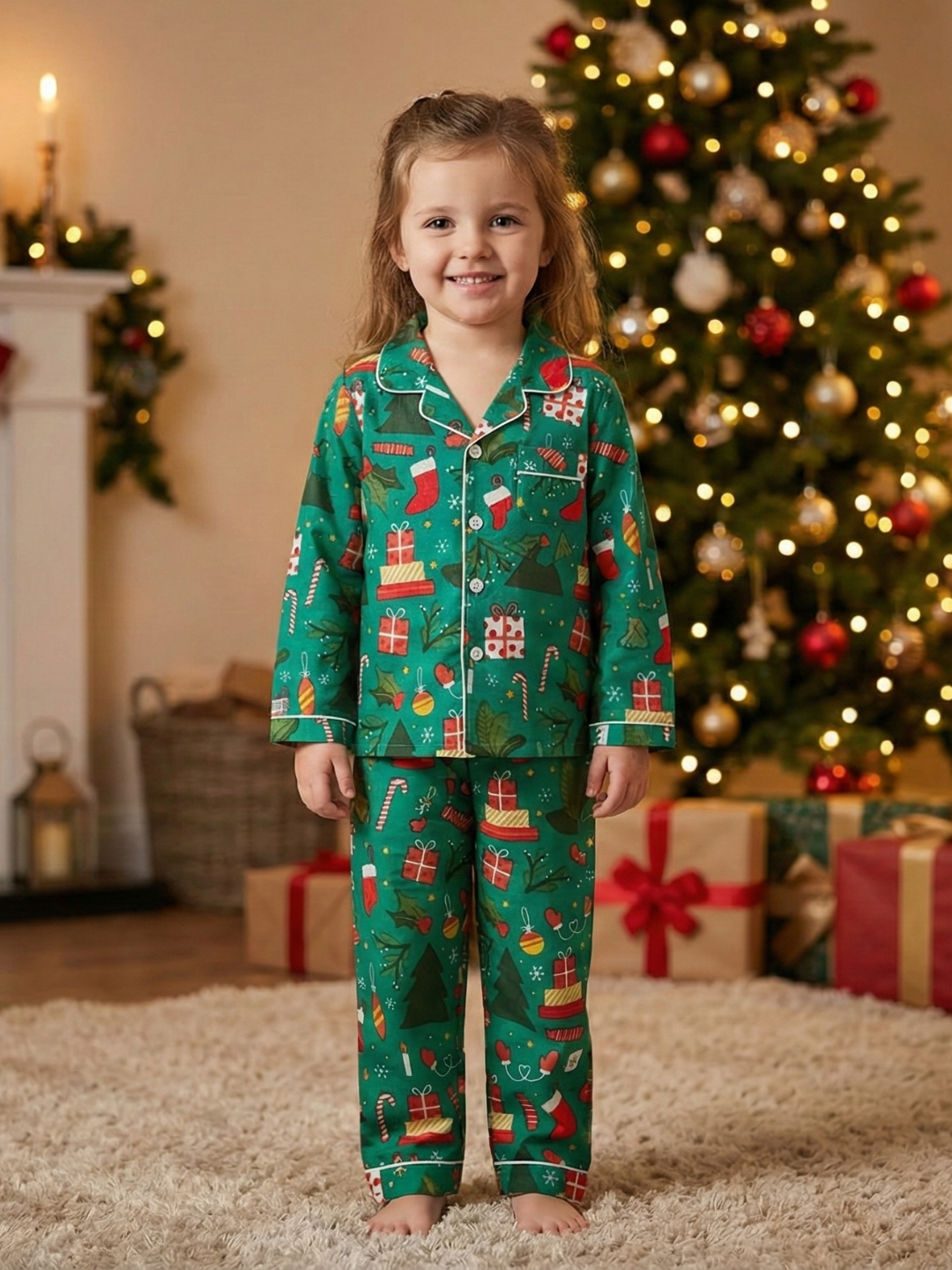 Holly Jolly Green Kids Unisex PJs in Cotton Nimbu