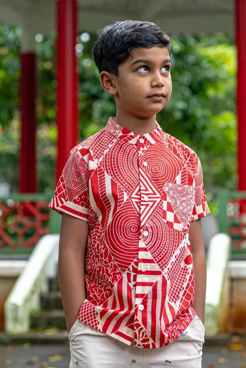 Imperial Boys Cotton Shirt in Red and White Nimbu