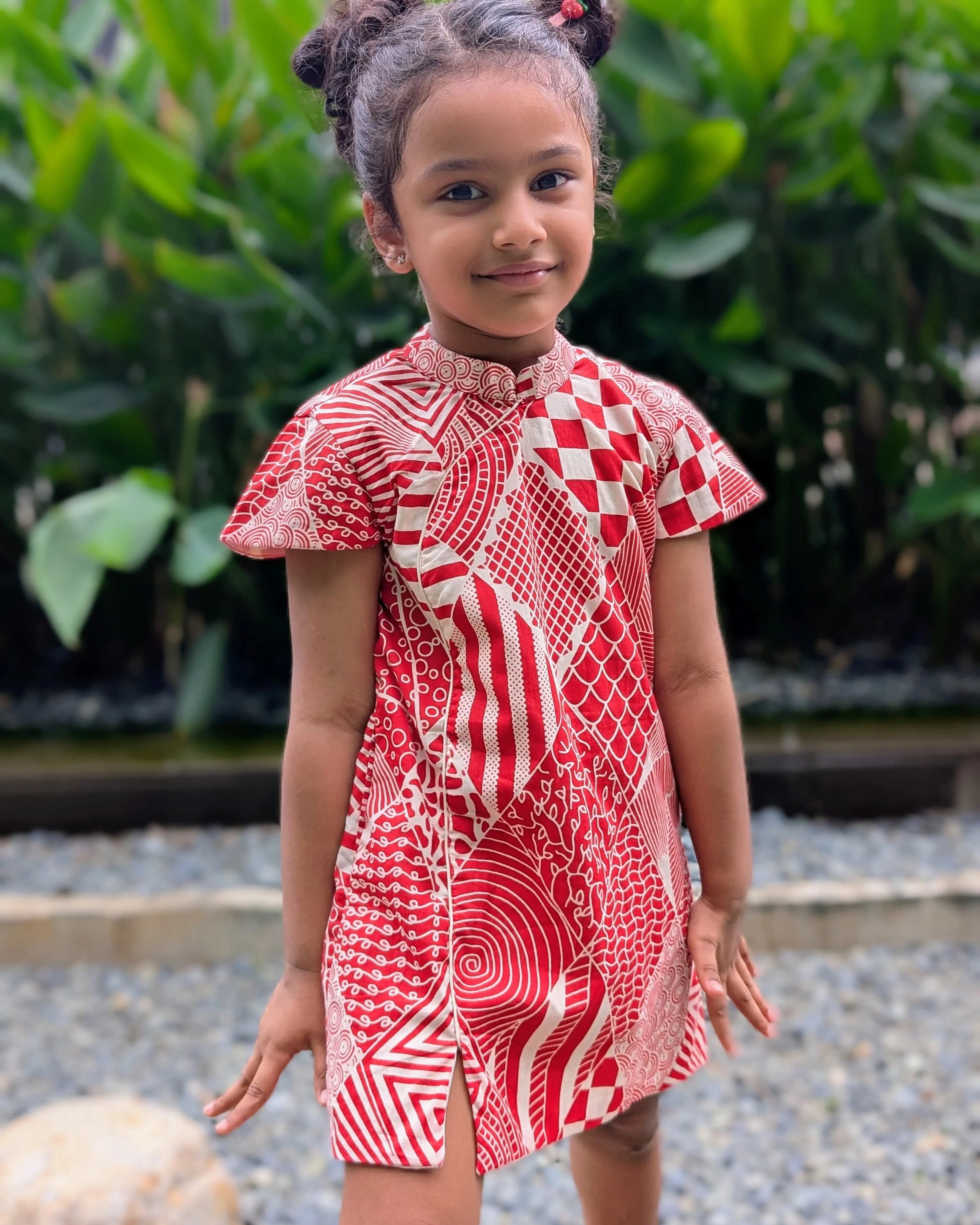 Imperial Girls Cotton Cheongsam Dress in Red and White Nimbu