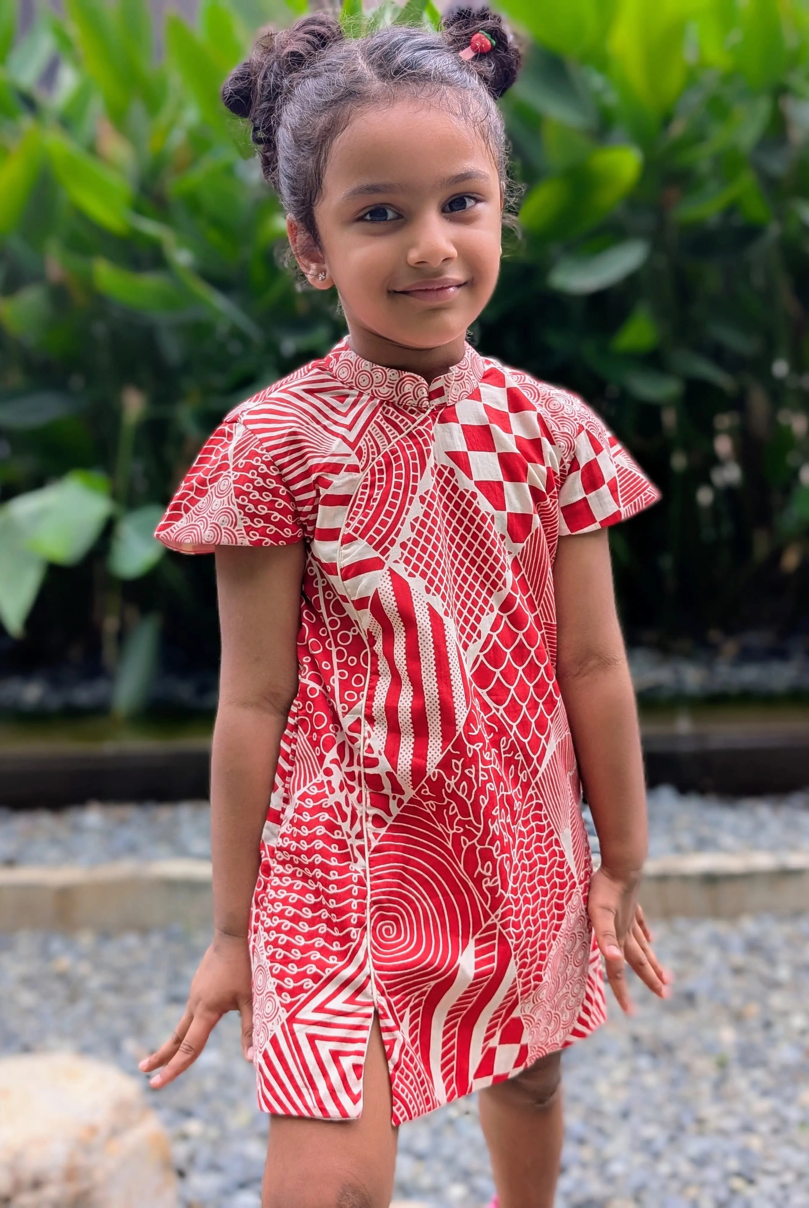 Imperial Girls Cotton Cheongsam Dress in Red and White Nimbu