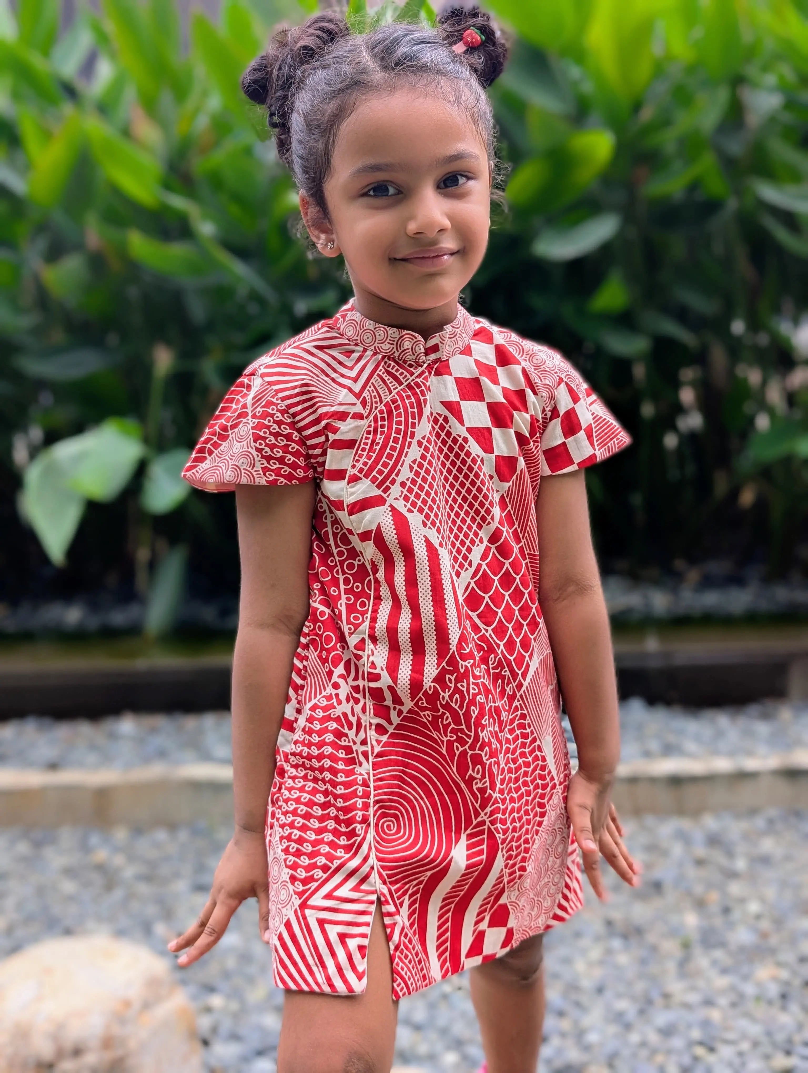 Imperial Girls Cotton Cheongsam Dress in Red and White Nimbu