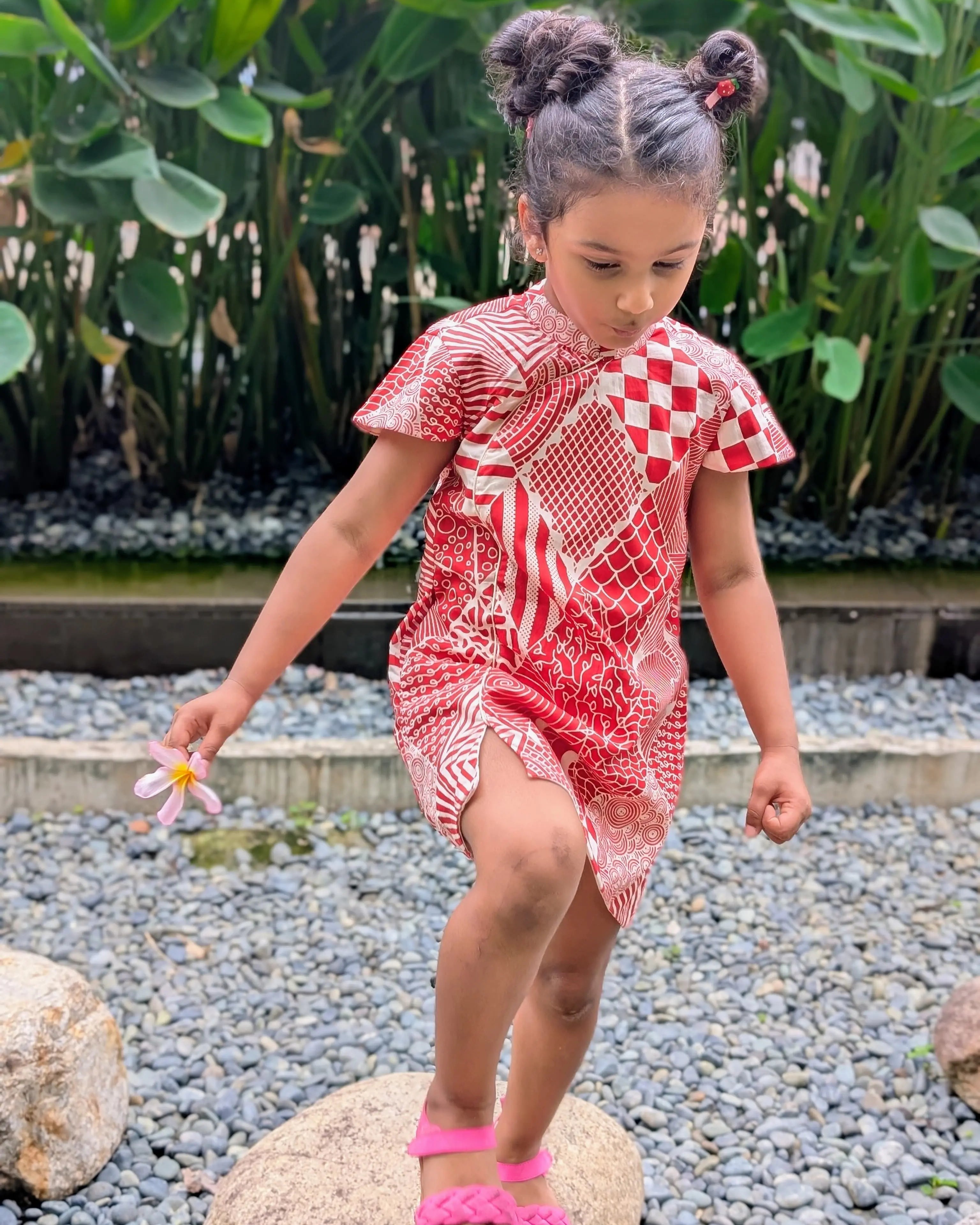 Imperial Girls Cotton Cheongsam Dress in Red and White Nimbu