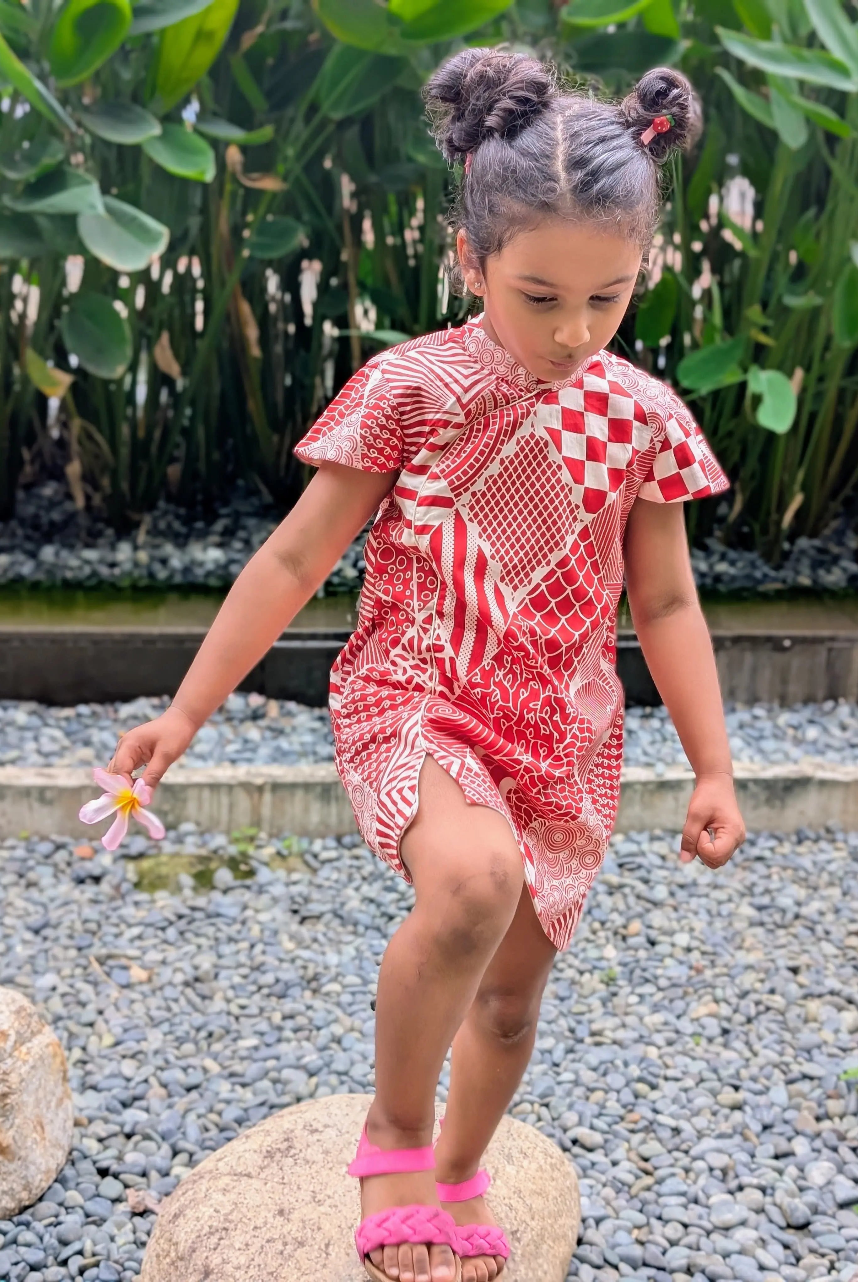 Imperial Girls Cotton Cheongsam Dress in Red and White Nimbu