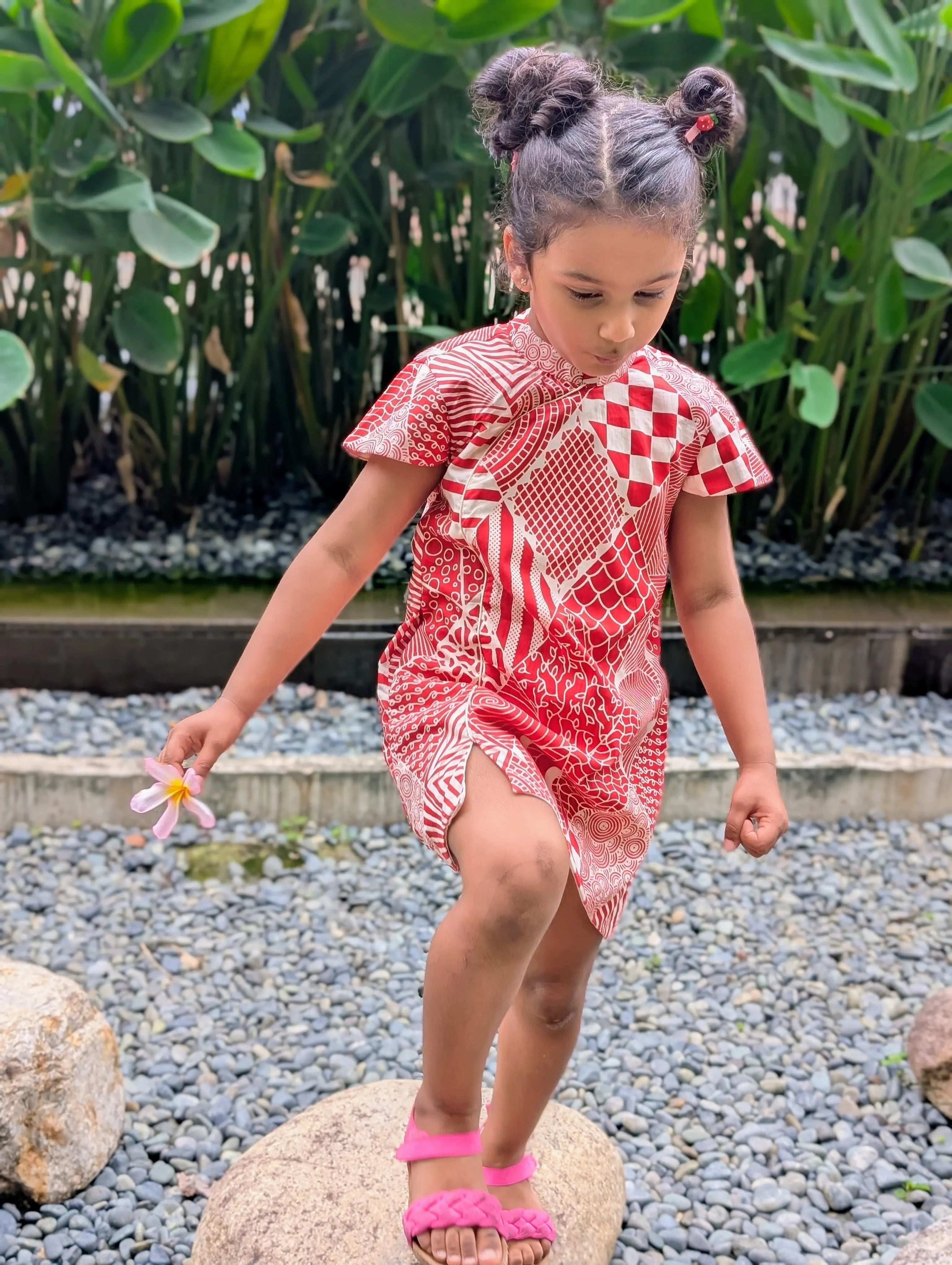 Imperial Girls Cotton Cheongsam Dress in Red and White Nimbu