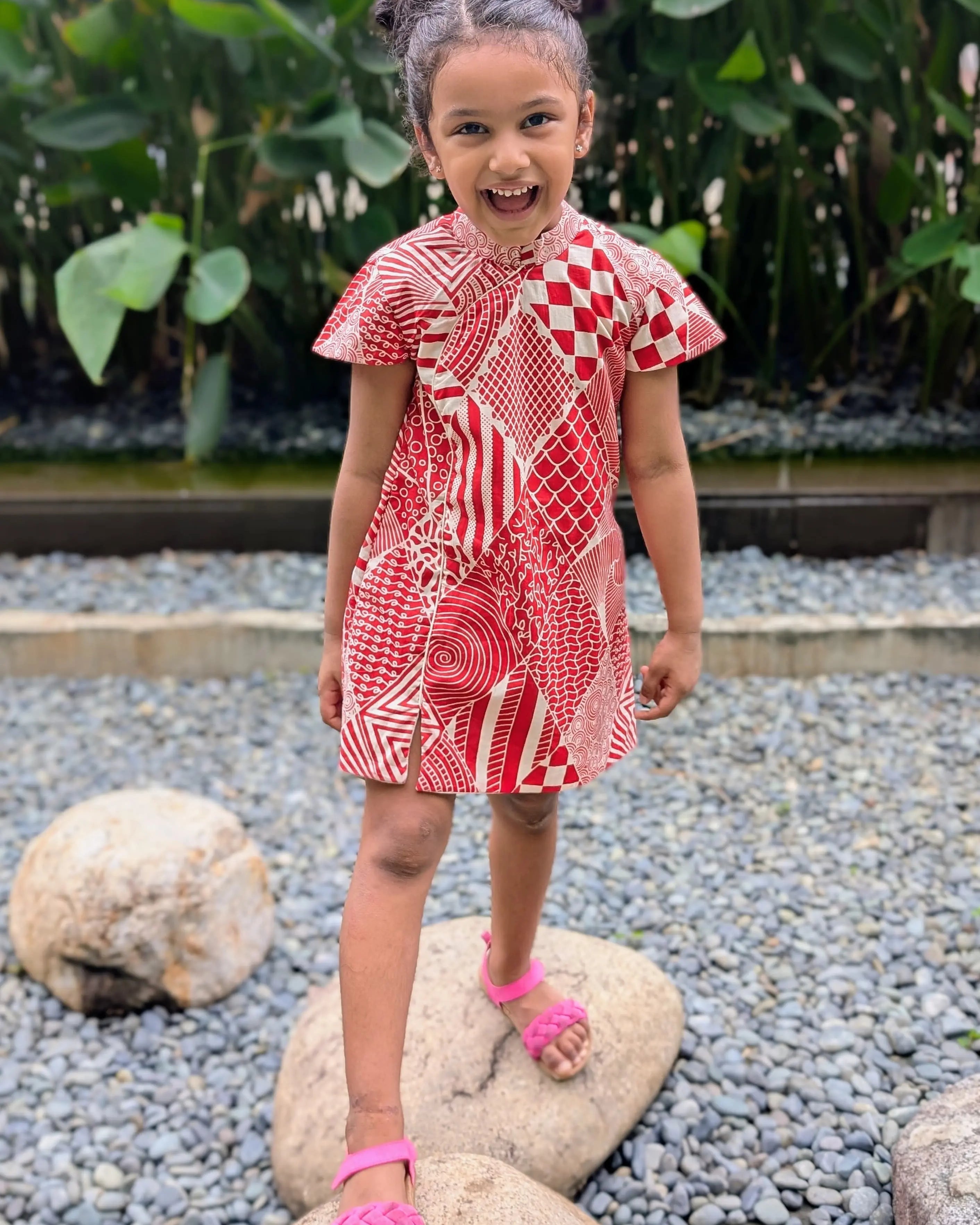 Imperial Girls Cotton Cheongsam Dress in Red and White Nimbu