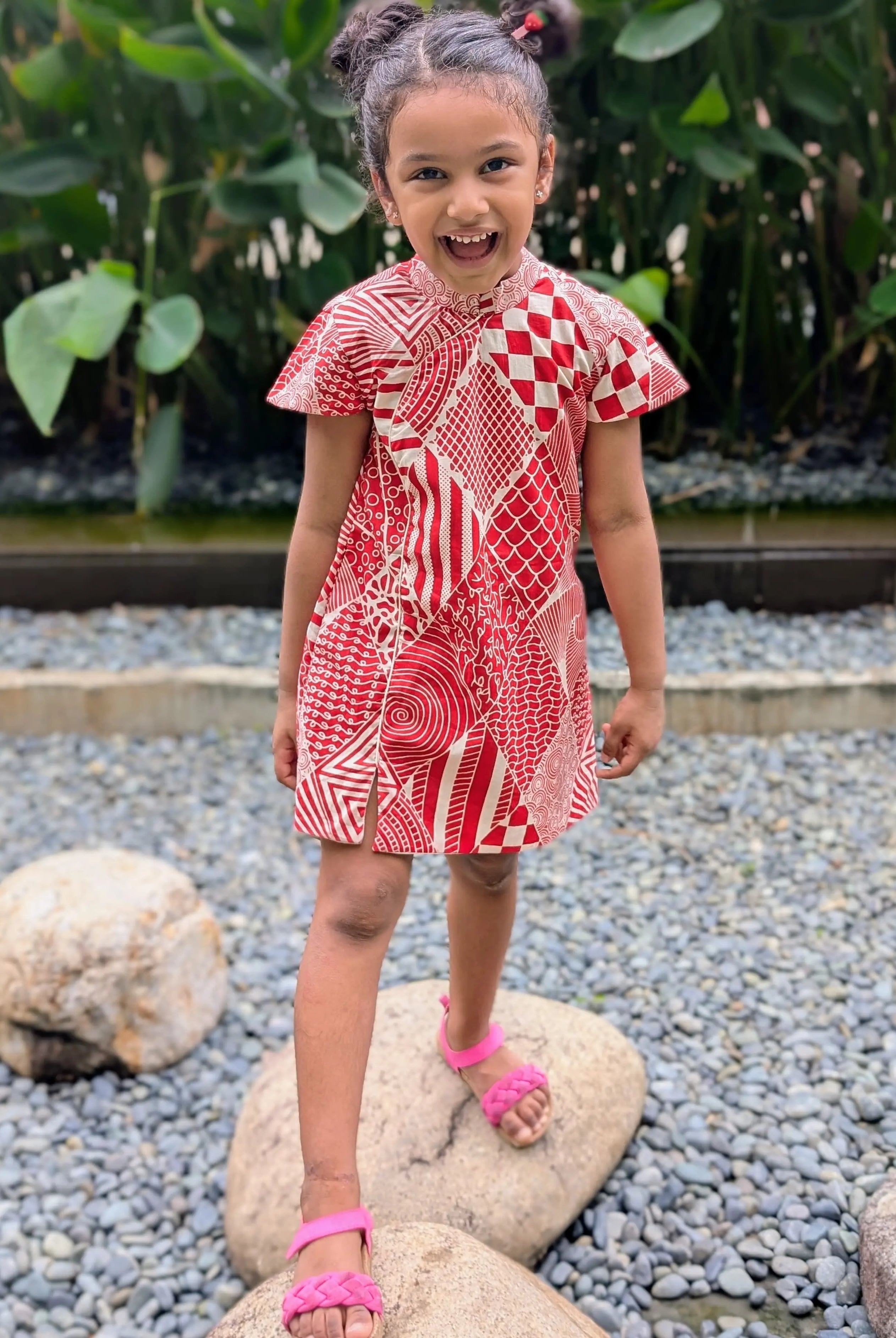 Imperial Girls Cotton Cheongsam Dress in Red and White Nimbu