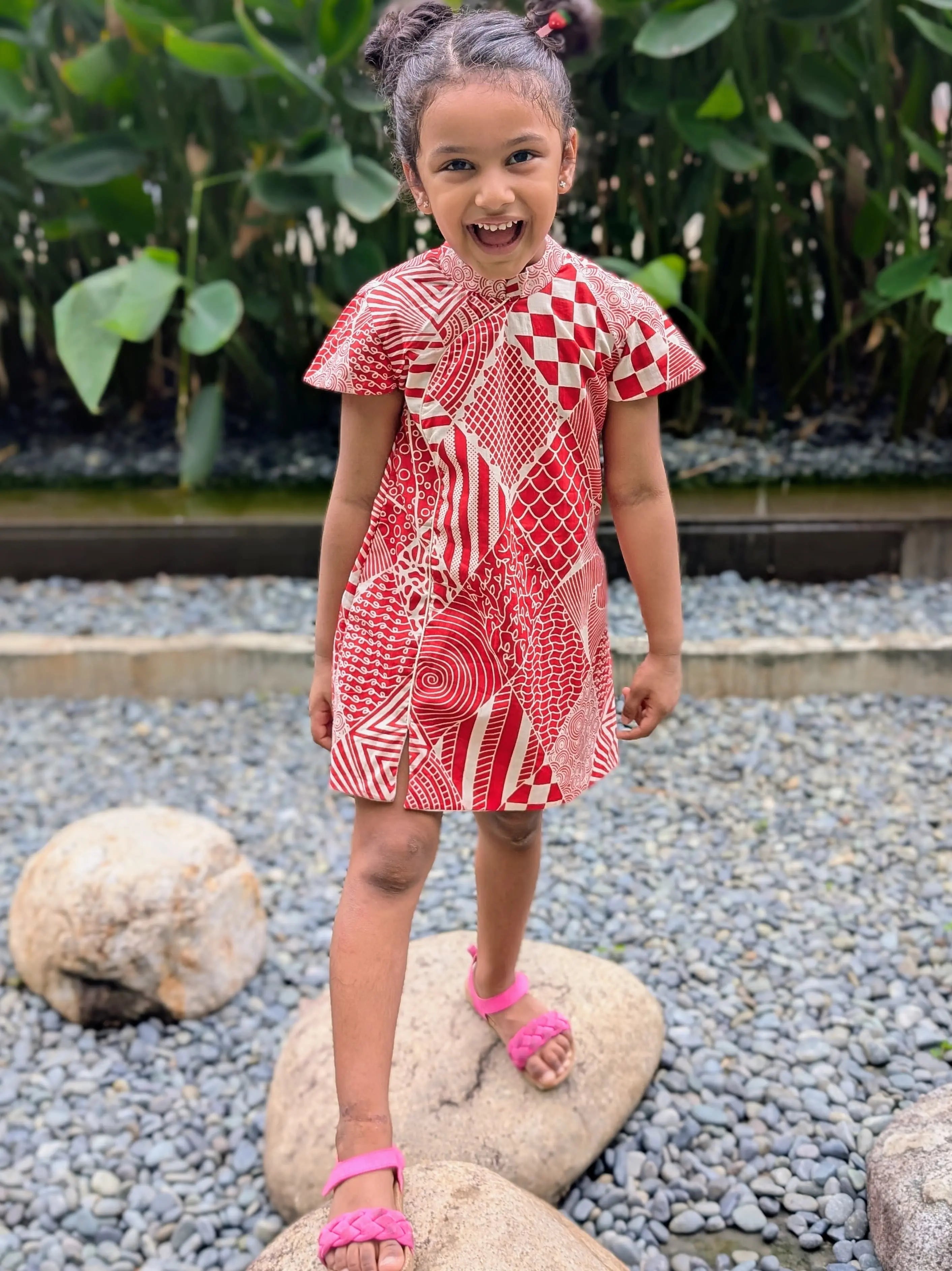 Imperial Girls Cotton Cheongsam Dress in Red and White Nimbu