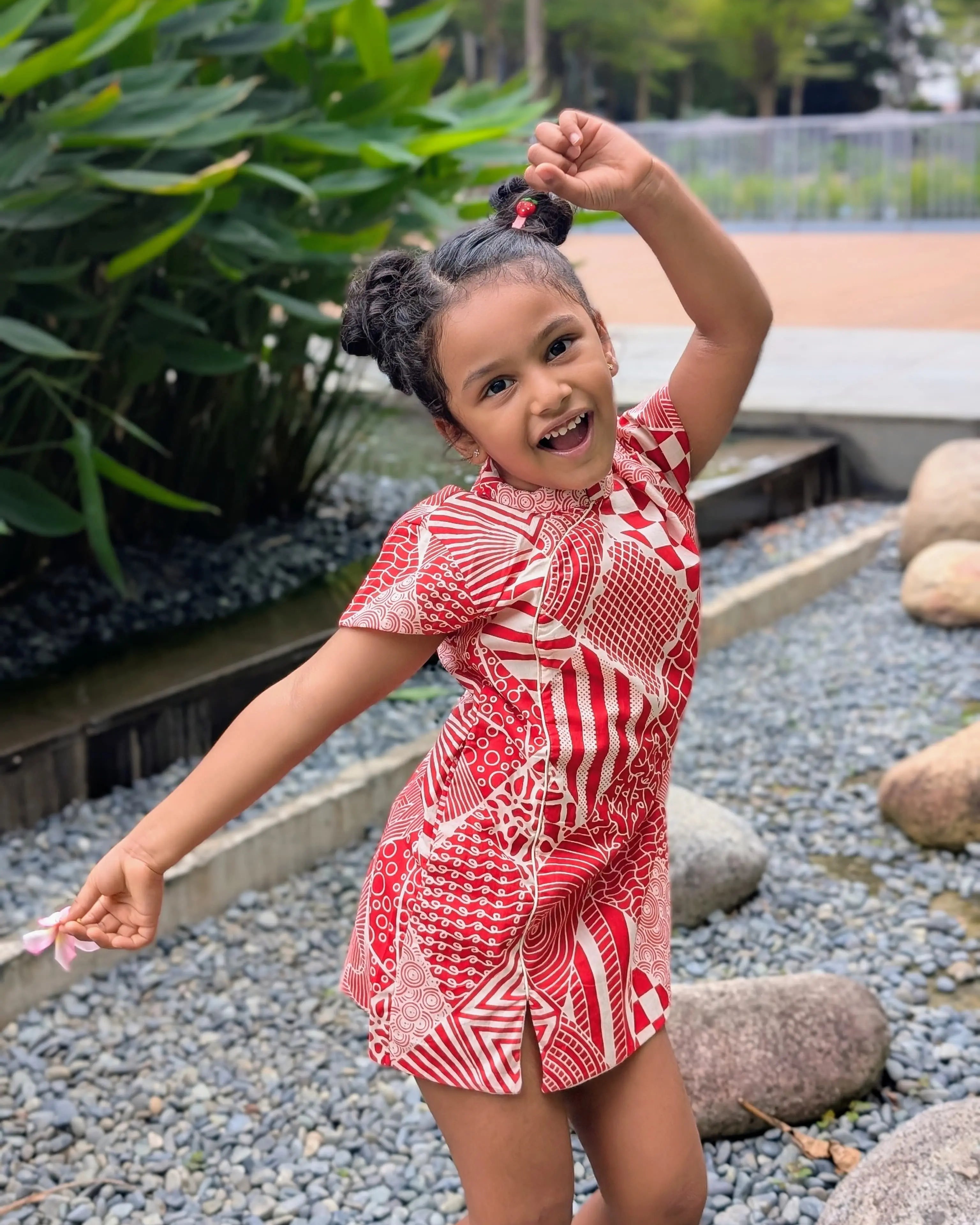 Imperial Girls Cotton Cheongsam Dress in Red and White Nimbu