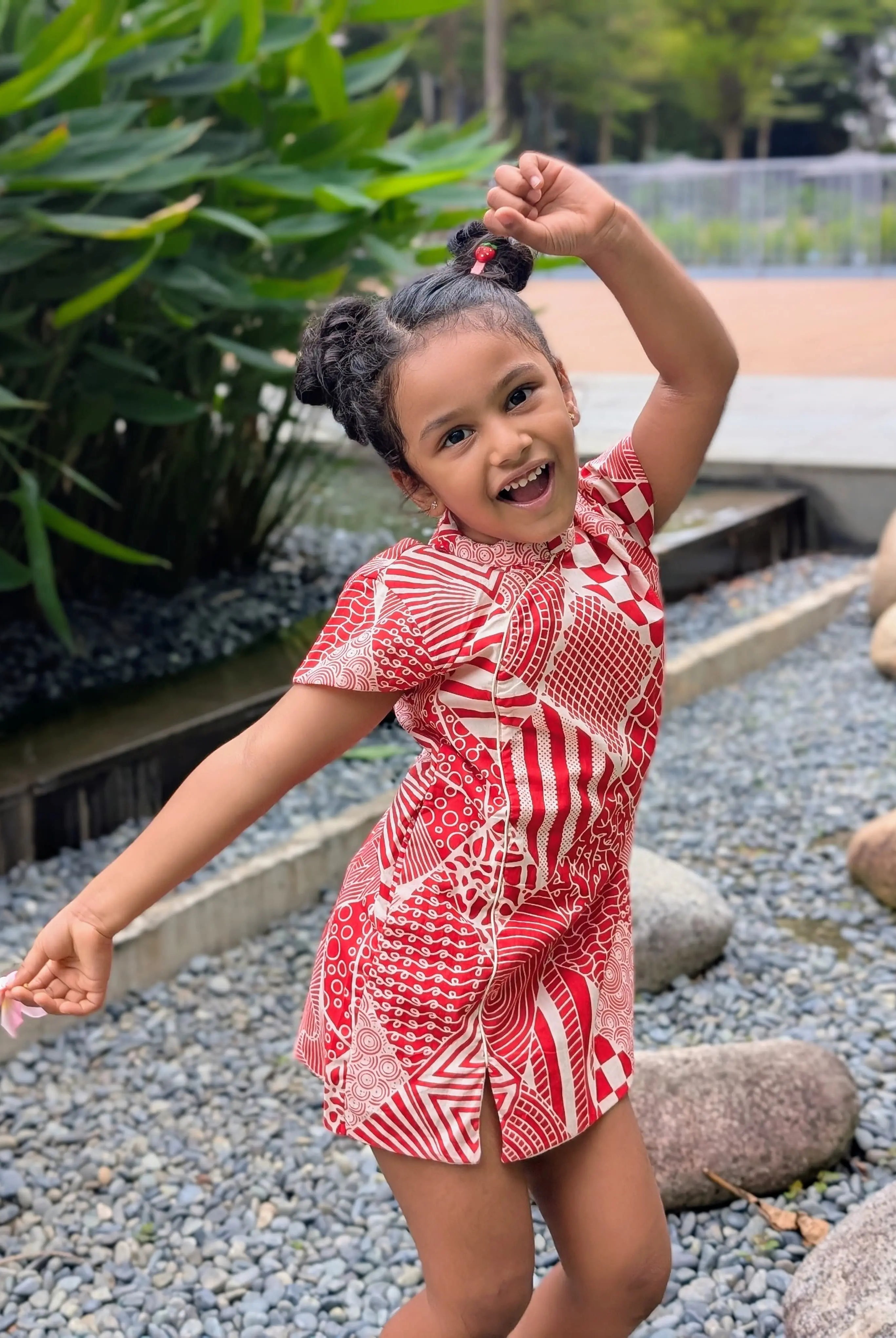 Imperial Girls Cotton Cheongsam Dress in Red and White Nimbu