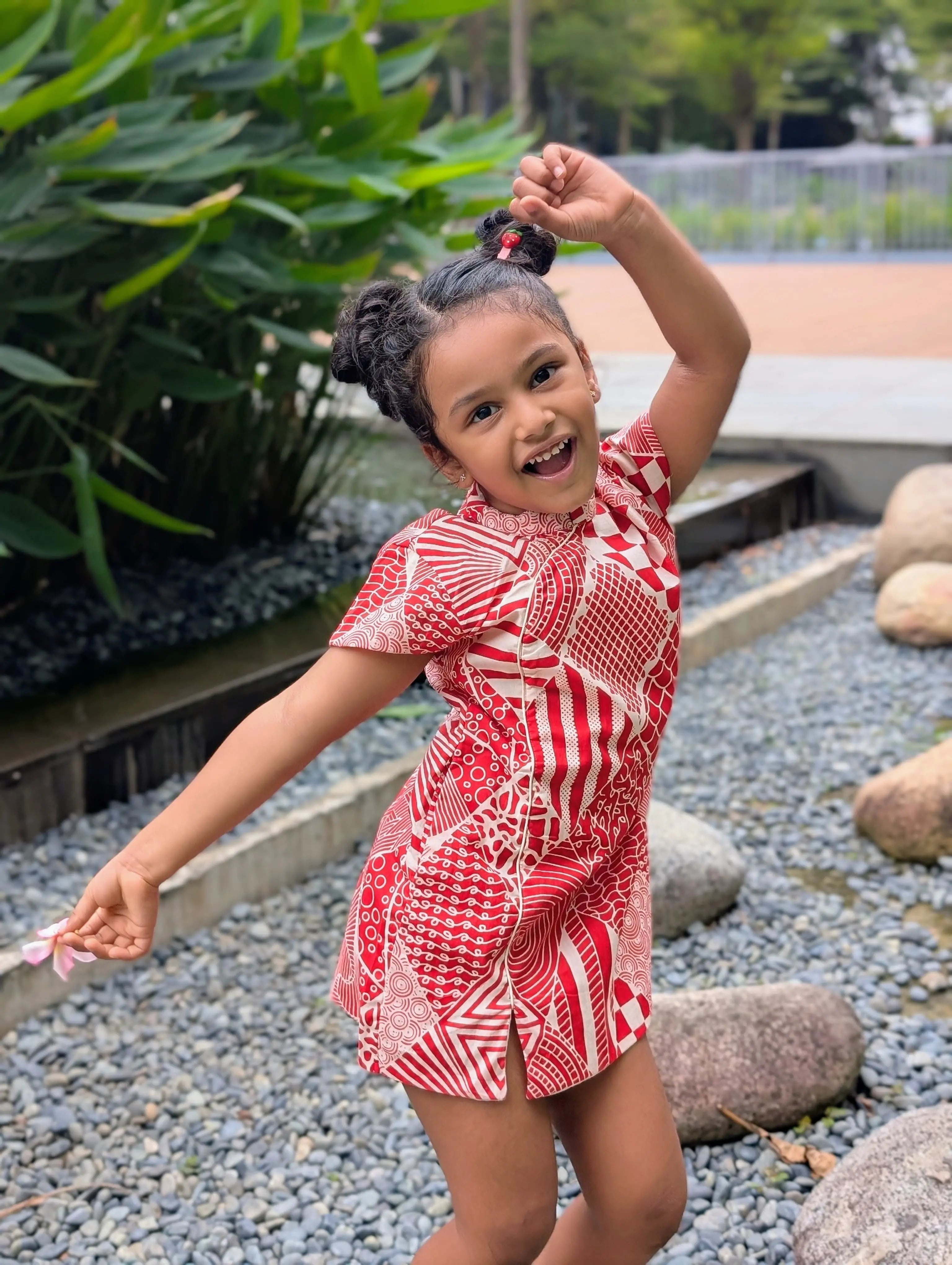 Imperial Girls Cotton Cheongsam Dress in Red and White Nimbu