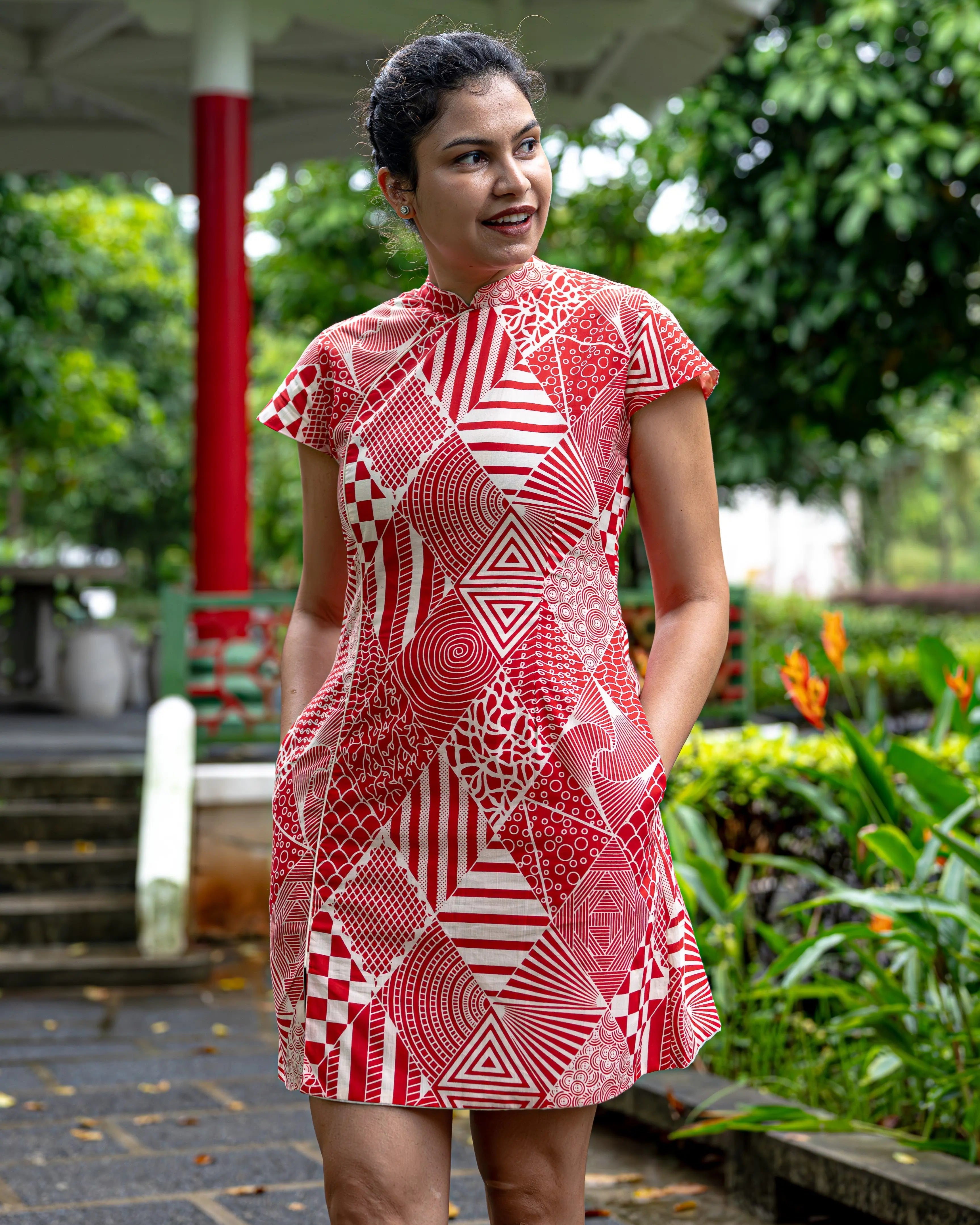 Imperial Women's Cheongsam Dress with Pockets in Red and White Nimbu