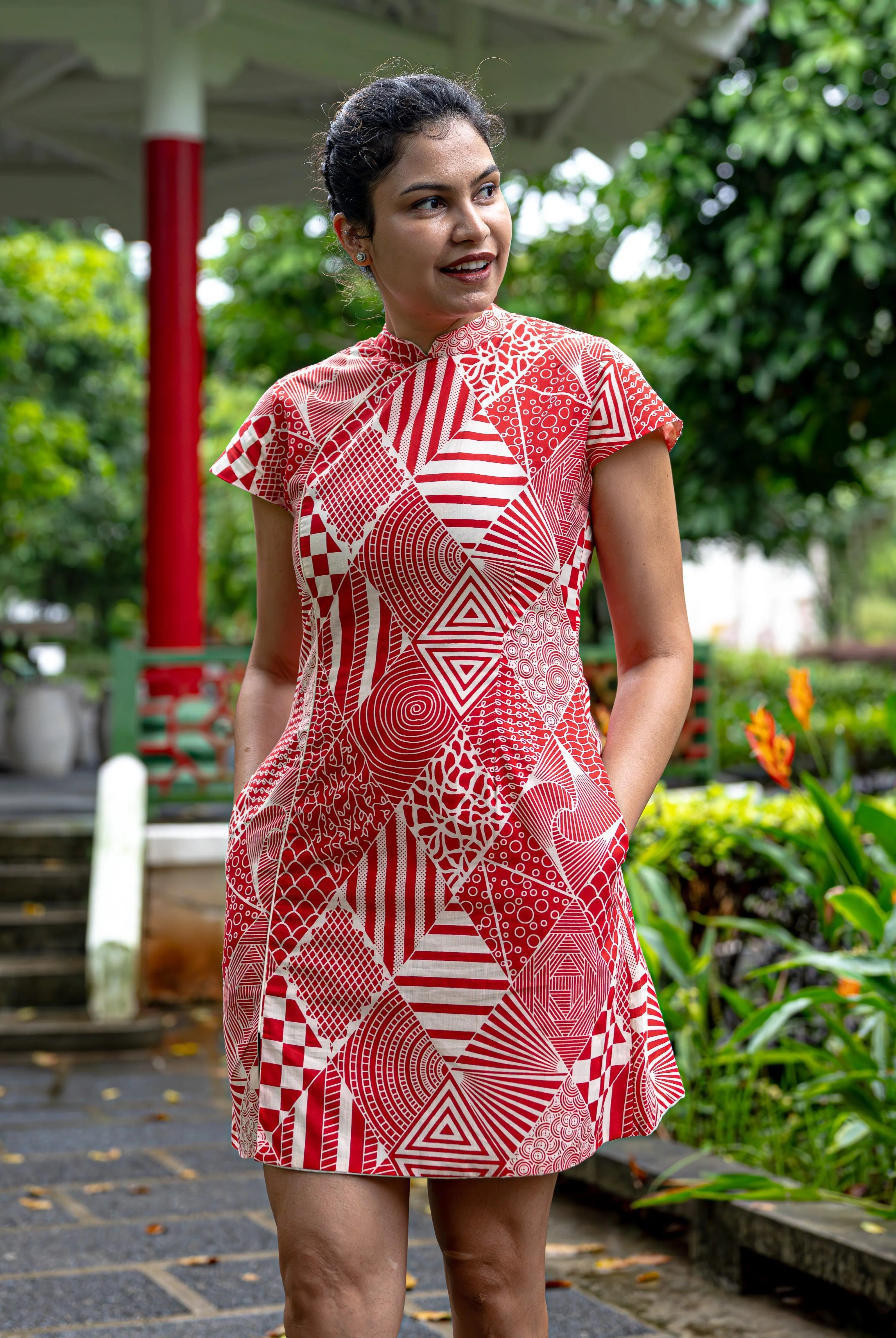 Imperial Women's Cheongsam Dress with Pockets in Red and White Nimbu