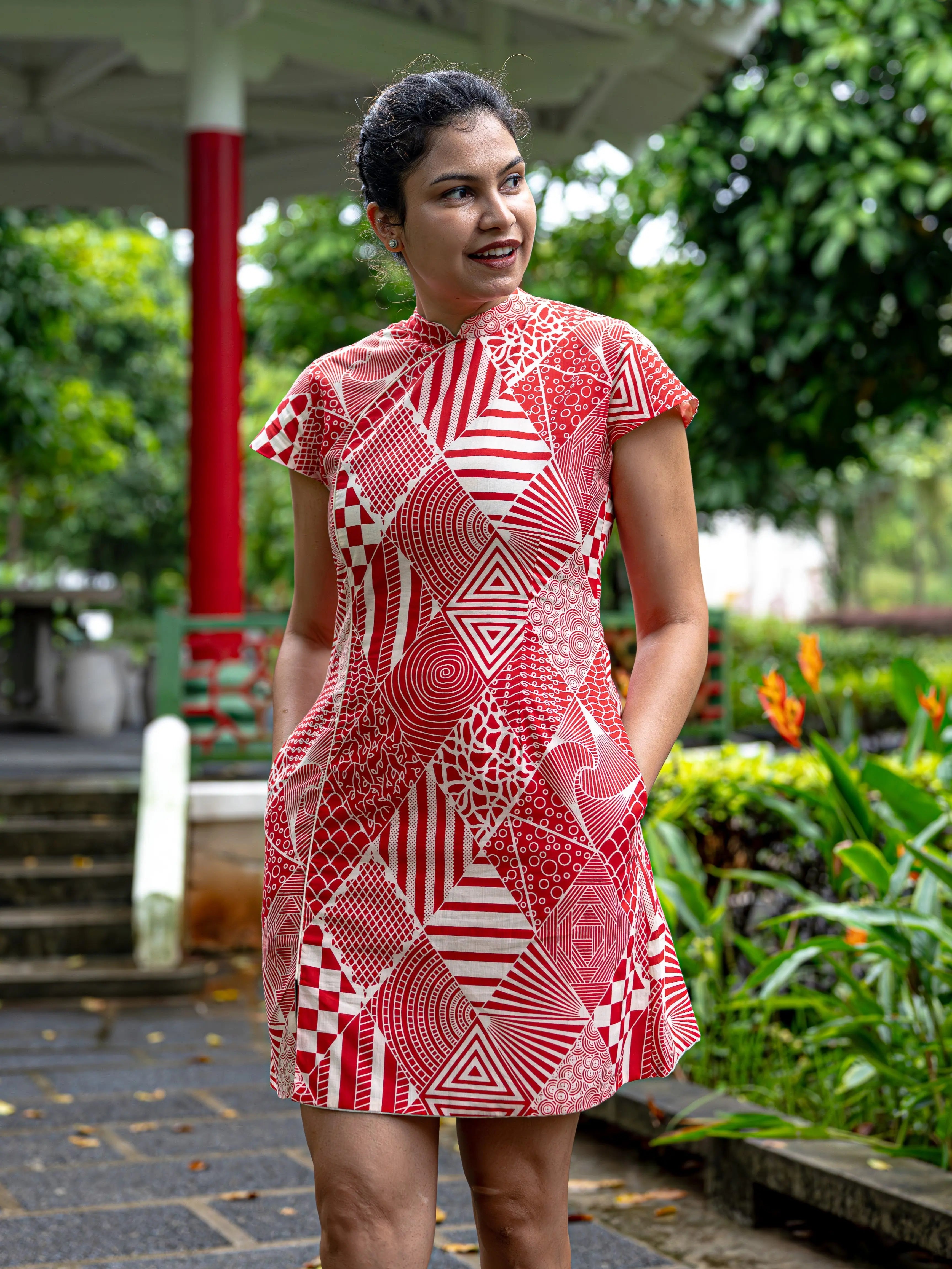 Imperial Women's Cheongsam Dress with Pockets in Red and White Nimbu