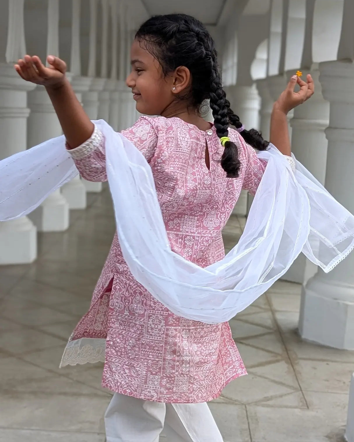 Ira Pink Rose Girls Kurti with Pants Set in Cotton Nimbu