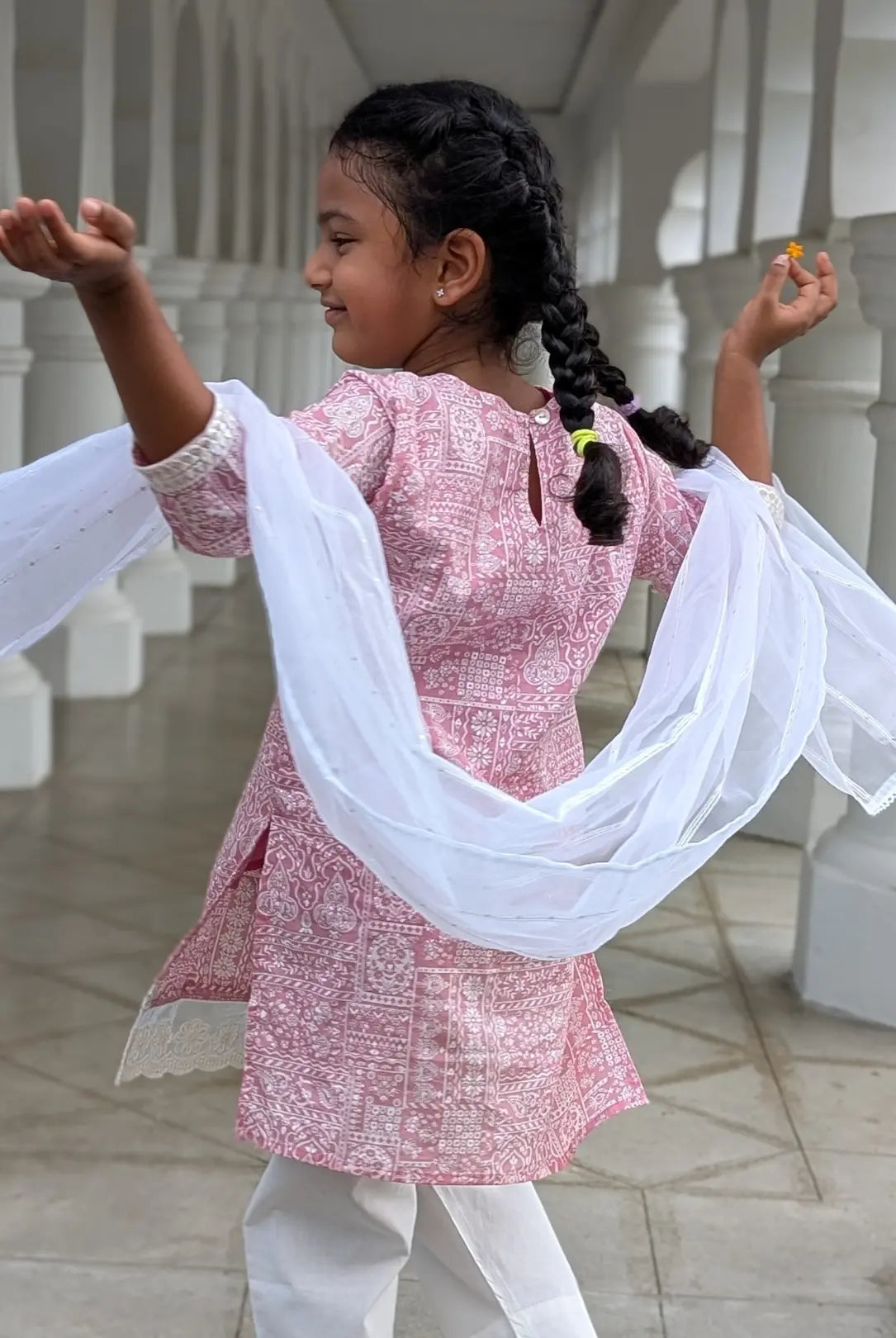 Ira Pink Rose Girls Kurti with Pants Set in Cotton Nimbu