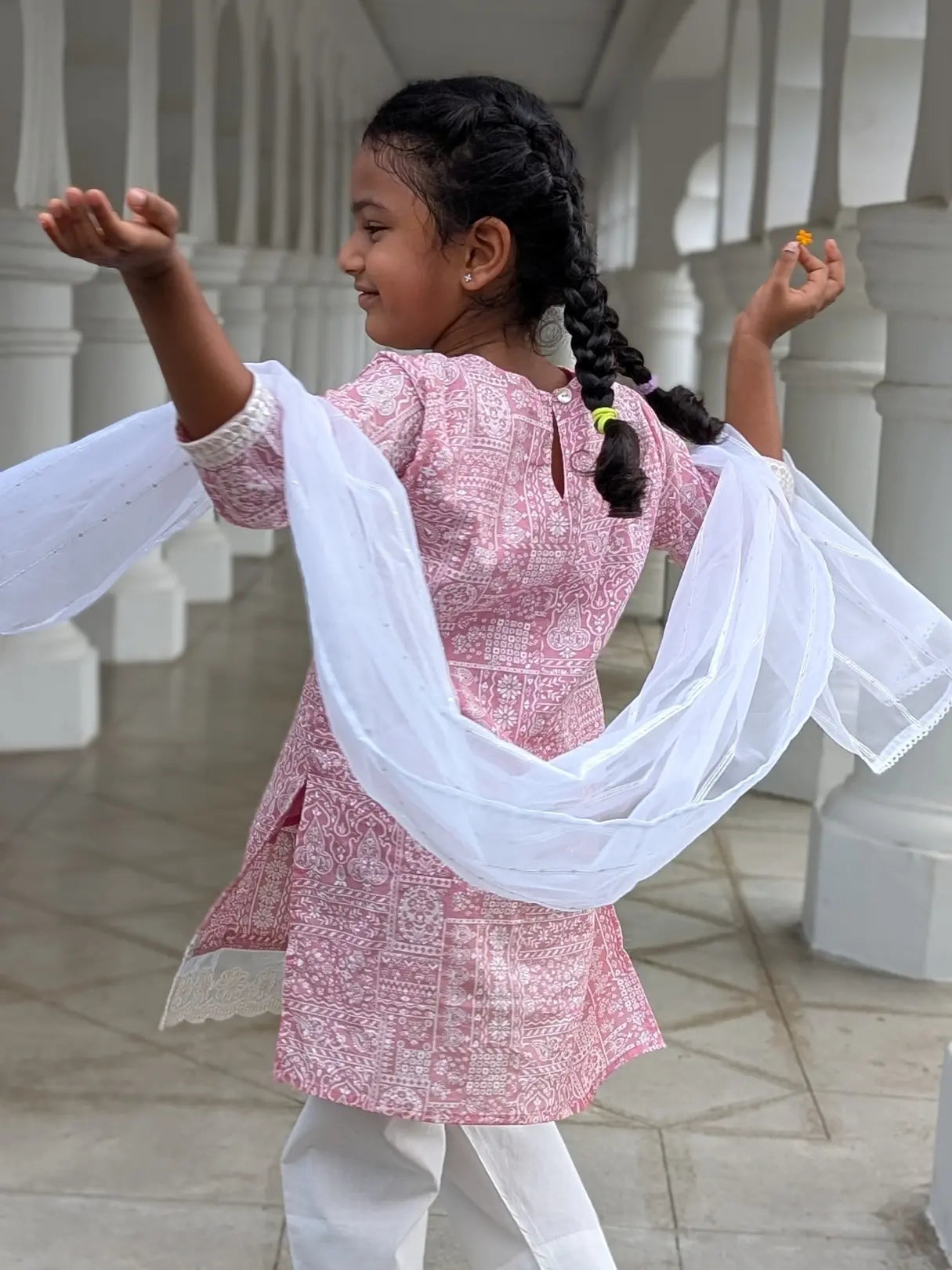 Ira Pink Rose Girls Kurti with Pants Set in Cotton Nimbu