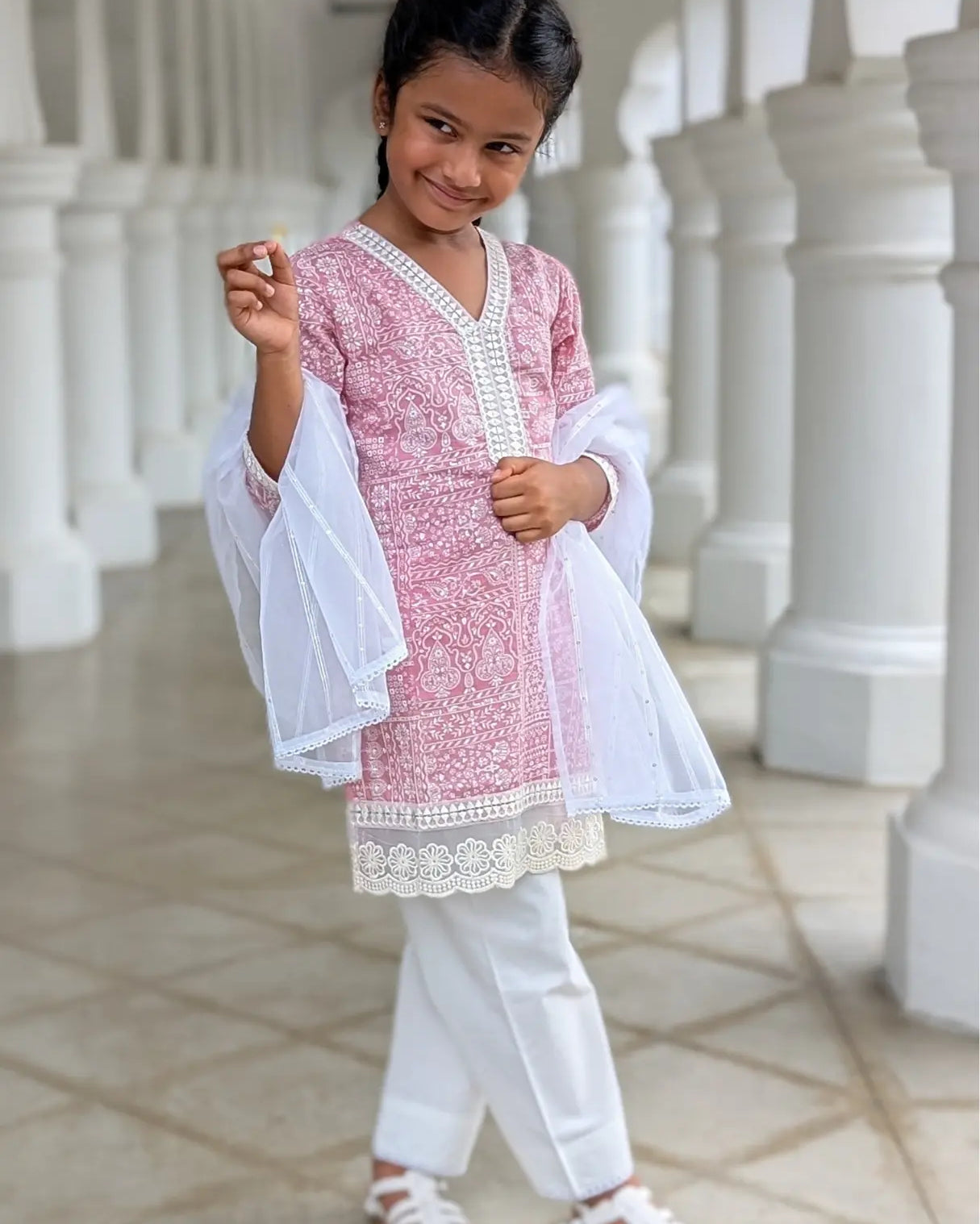 Ira Pink Rose Girls Kurti with Pants Set in Cotton Nimbu