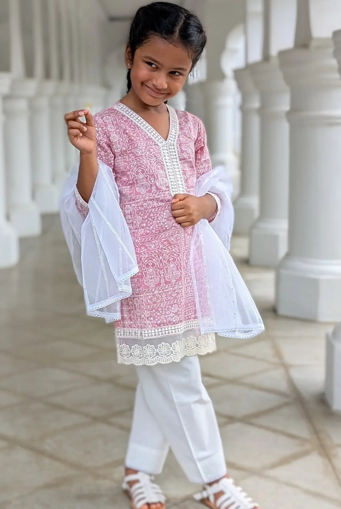 Ira Pink Rose Girls Kurti with Pants Set in Cotton Nimbu