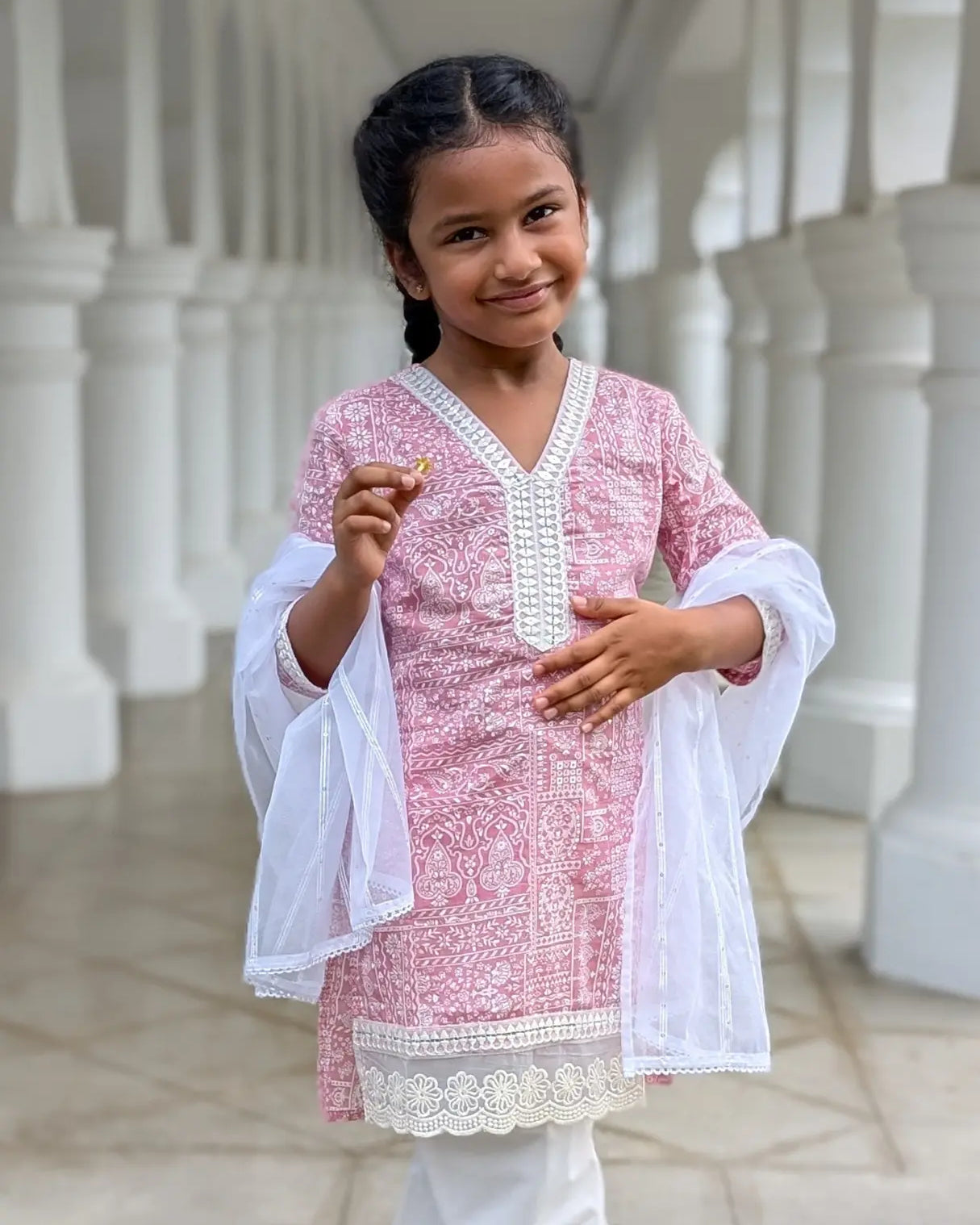 Ira Pink Rose Girls Kurti with Pants Set in Cotton Nimbu