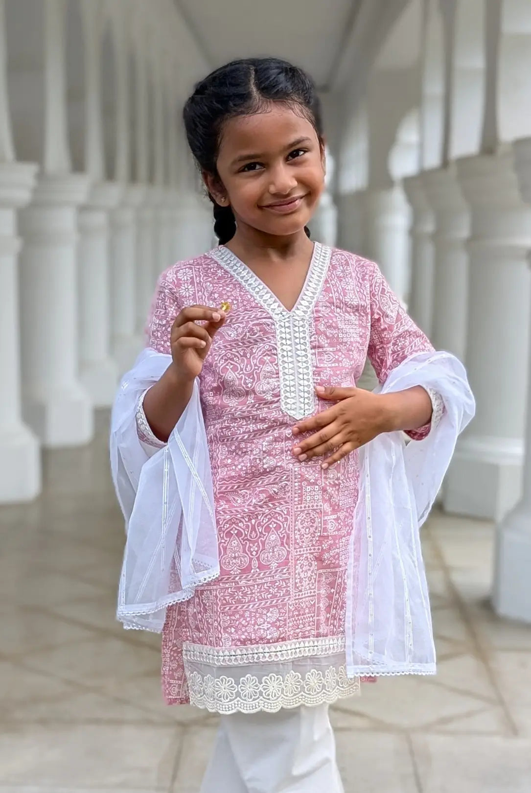 Ira Pink Rose Girls Kurti with Pants Set in Cotton Nimbu