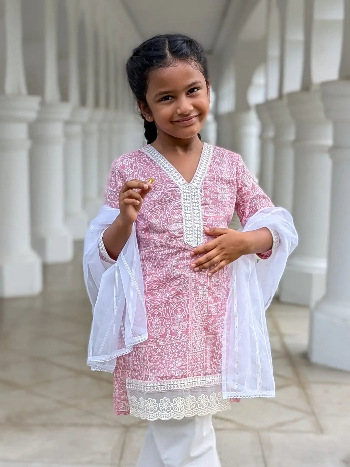 Ira Pink Rose Girls Kurti with Pants Set in Cotton Nimbu