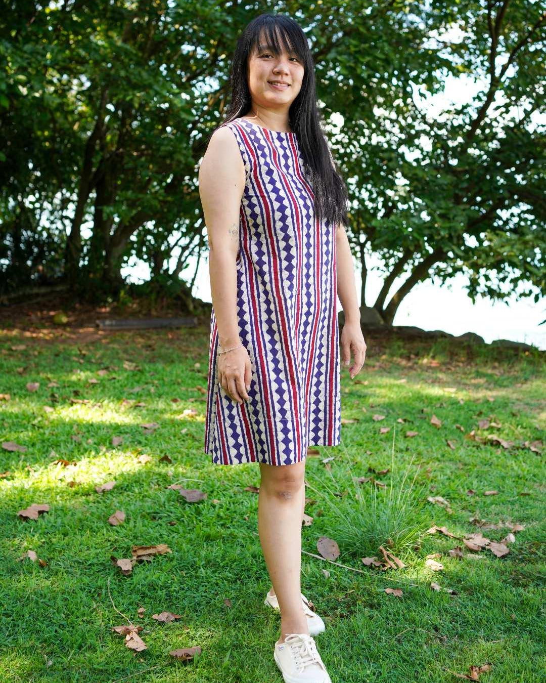 Azure sleeveless A-line dress with red and white stripes, made from sustainable cotton, casual women's summer style.