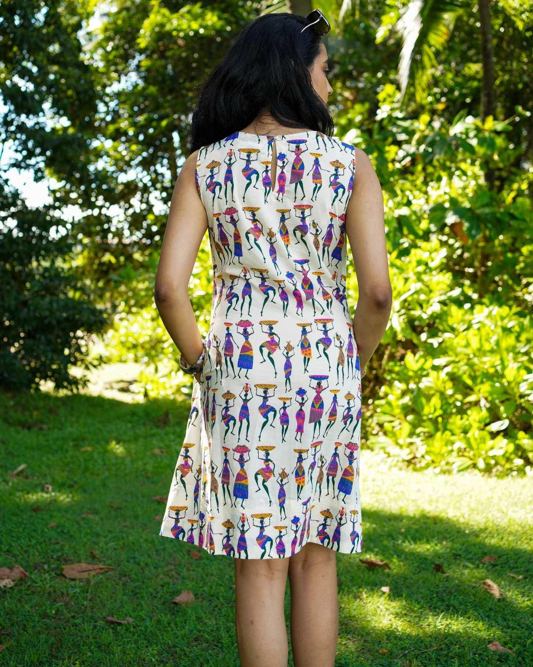 Azure sleeveless A-line dress with colorful folk story print, made from sustainable cotton, casual women's summer style.