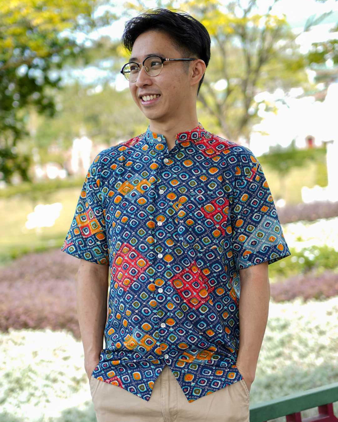 Jade Blue Men Mandarin Cotton Shirt