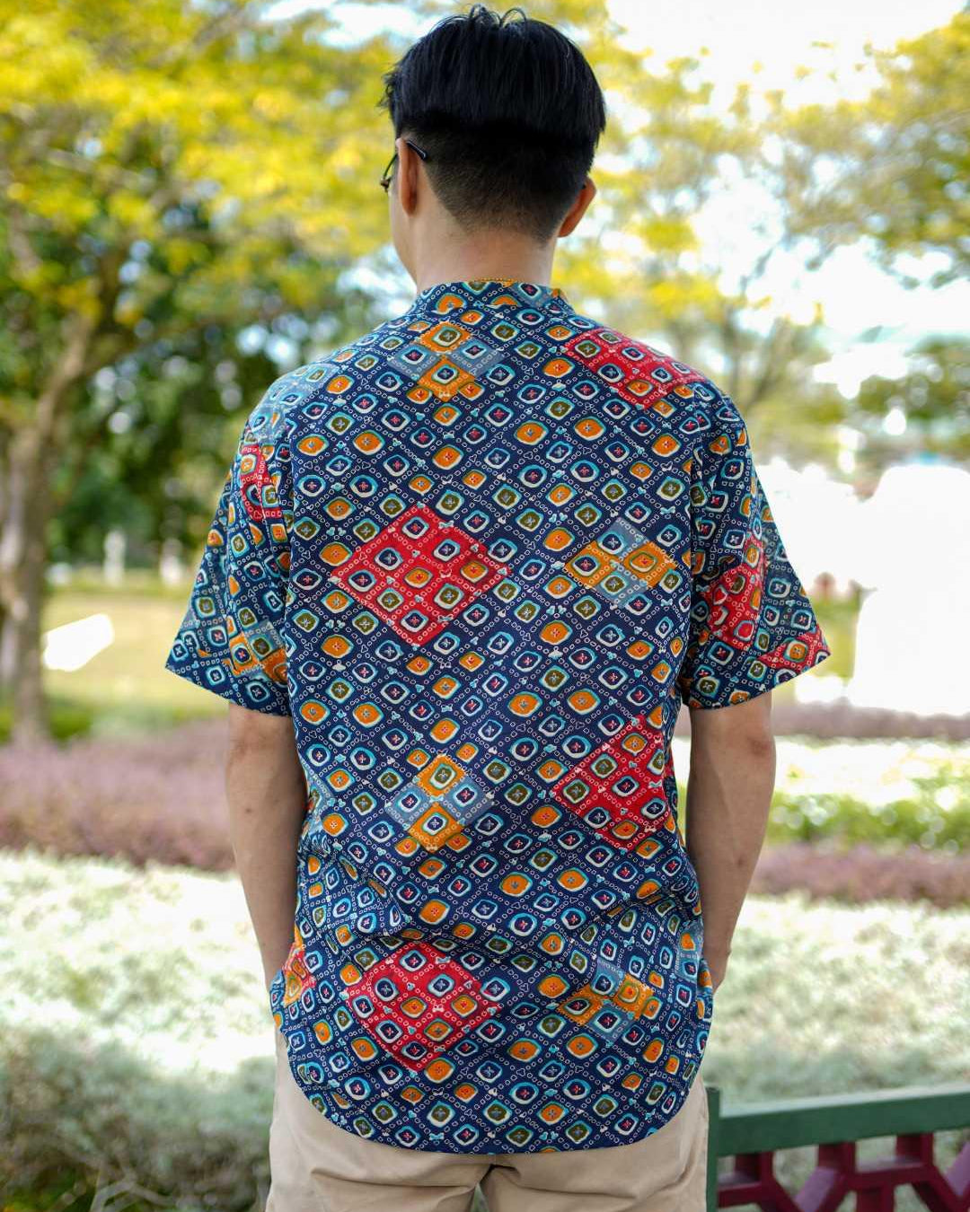 Jade Blue Men Mandarin Cotton Shirt