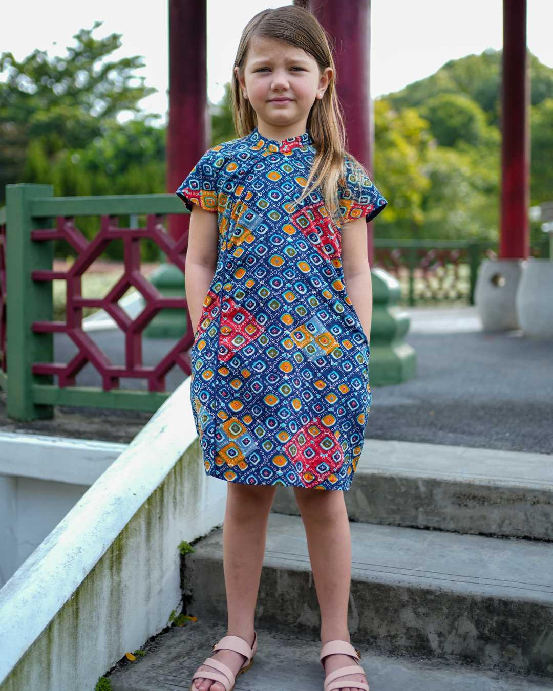 Jade Blue Girls Cheongsam Dress in Cotton