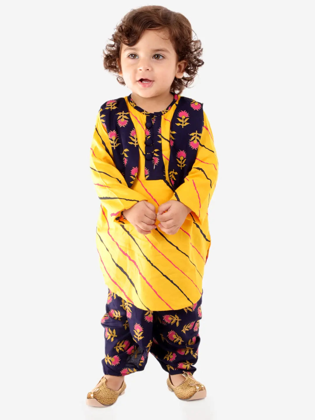 Punjabi Kurta Dhoti Set in Black & Yellow Kid1