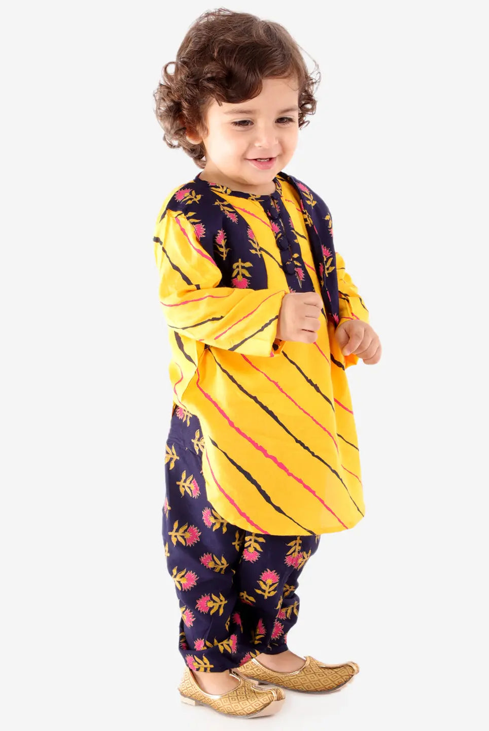 Punjabi Kurta Dhoti Set in Black & Yellow Kid1