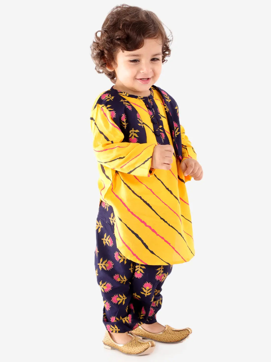 Punjabi Kurta Dhoti Set in Black & Yellow Kid1
