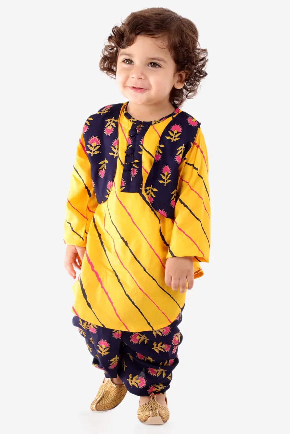 Punjabi Kurta Dhoti Set in Black & Yellow Kid1