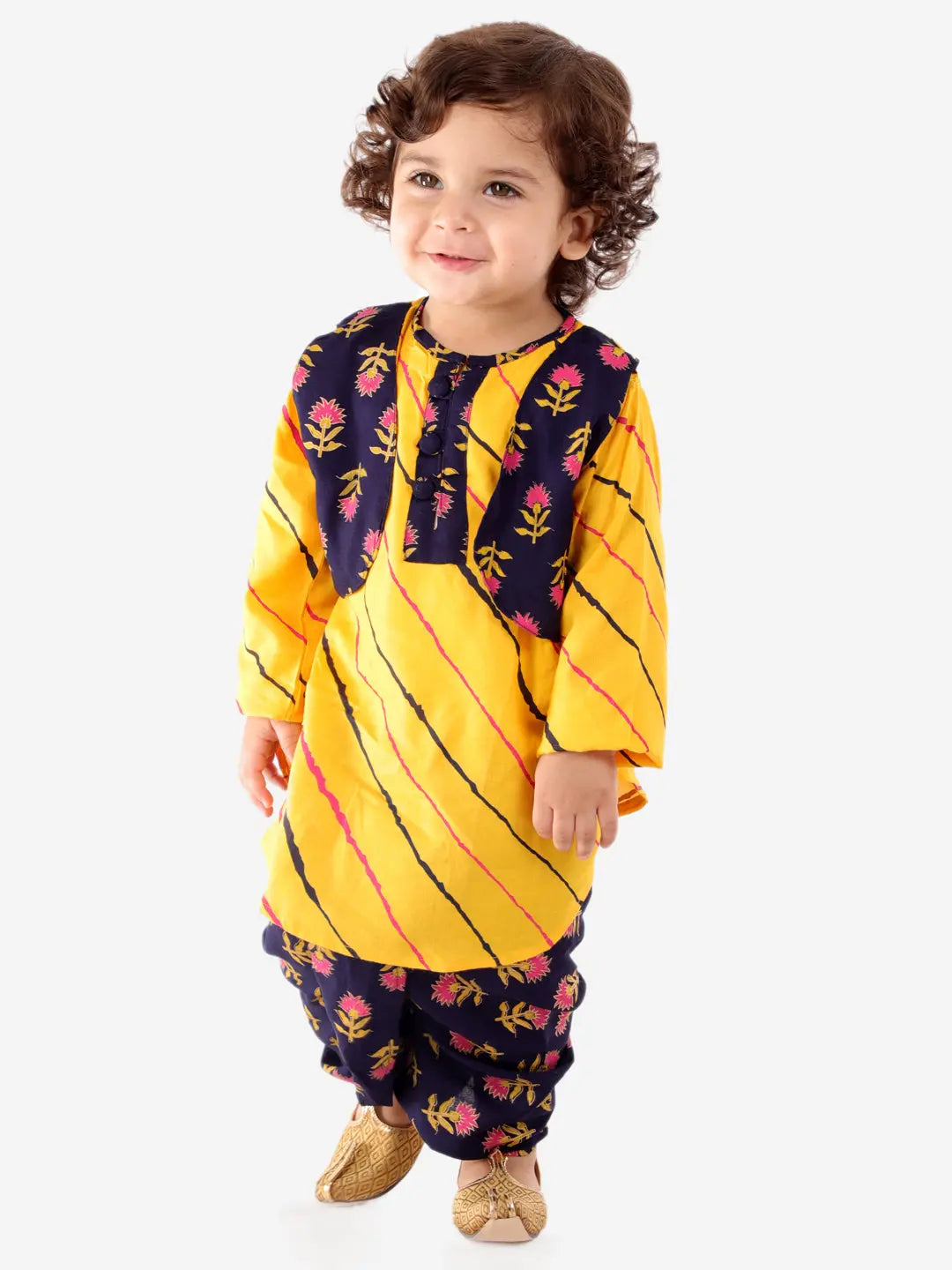 Punjabi Kurta Dhoti Set in Black & Yellow Kid1