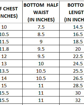 size chart Mundu set for boys - Yellow