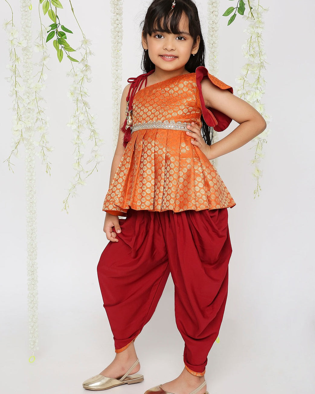 Sitara Pepulum top with dhoti in Red for girls